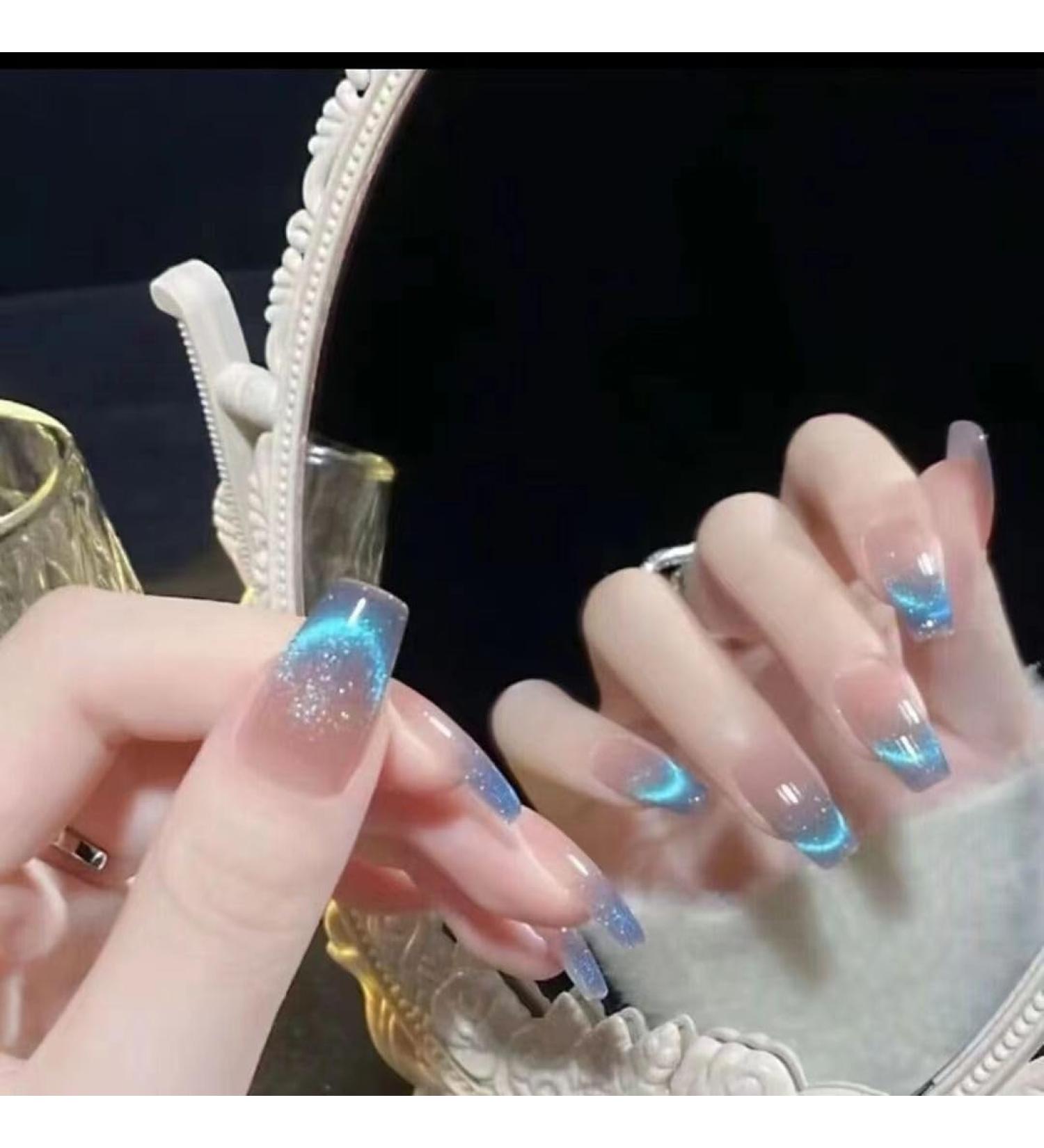 Temperament-enhancing nail art hand-made nail polish transparent blue cat's eye fairy wearing finished detachable Joker nail stickers.(XS)