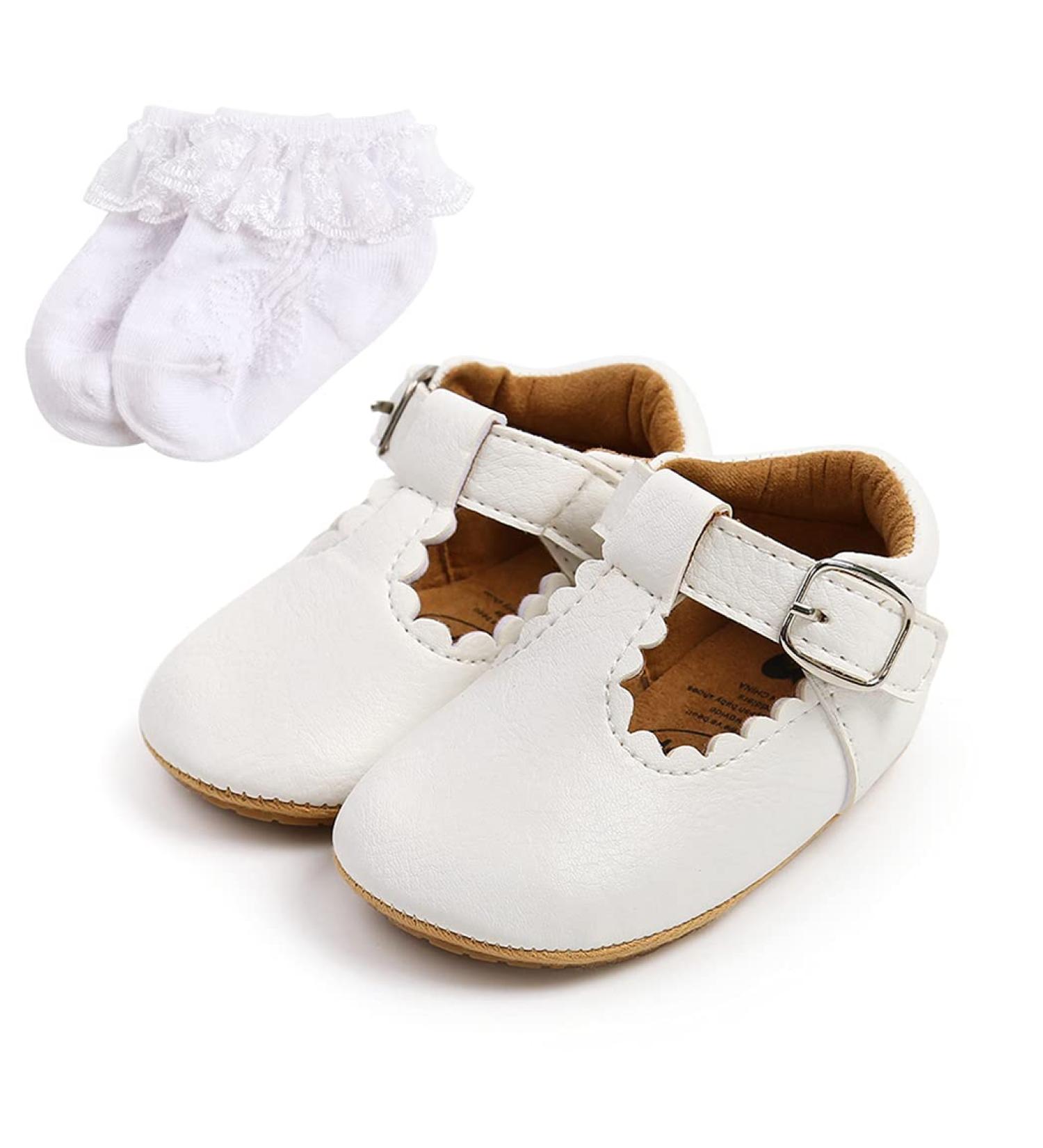 Baby Anti-Slip First Walking Shoes - Soft Sole Toddler Sneakers for Boys and Girls - Infant PU Leather Prewalkers with Sock - 12-18 Months Wide White - Buy Online on GoSupps.com