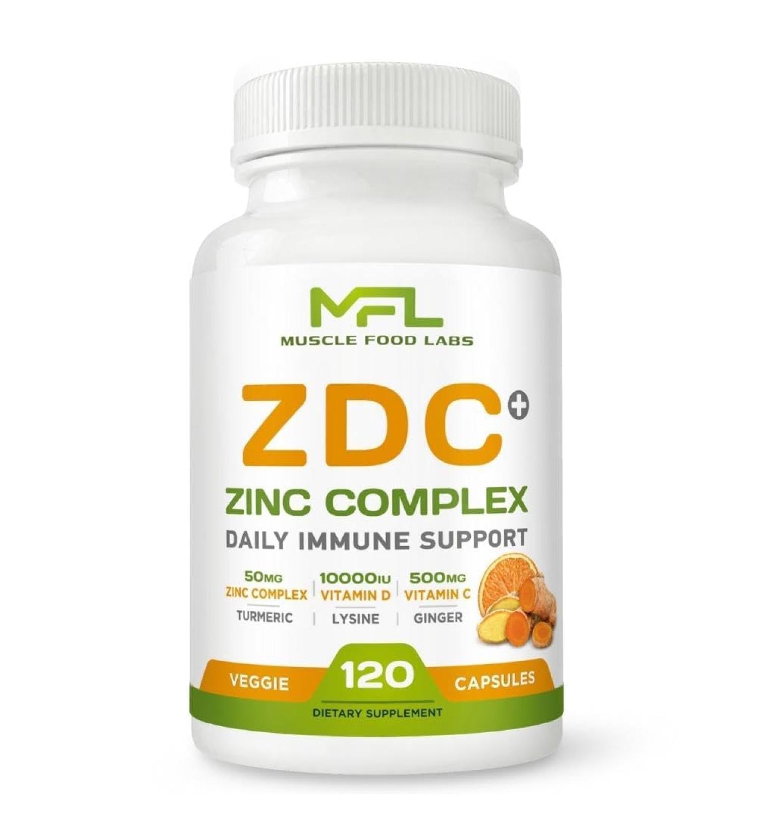 MUSCLE FOOD LABS | Z D C Plus | Vitamin C 500mg | Vitamin D3 | Zinc | Turmeric | Ginger | Lysine | Non-GMO & Gluten Free | Veggie Caps | 120 Servings - Buy Online on GoSupps.com