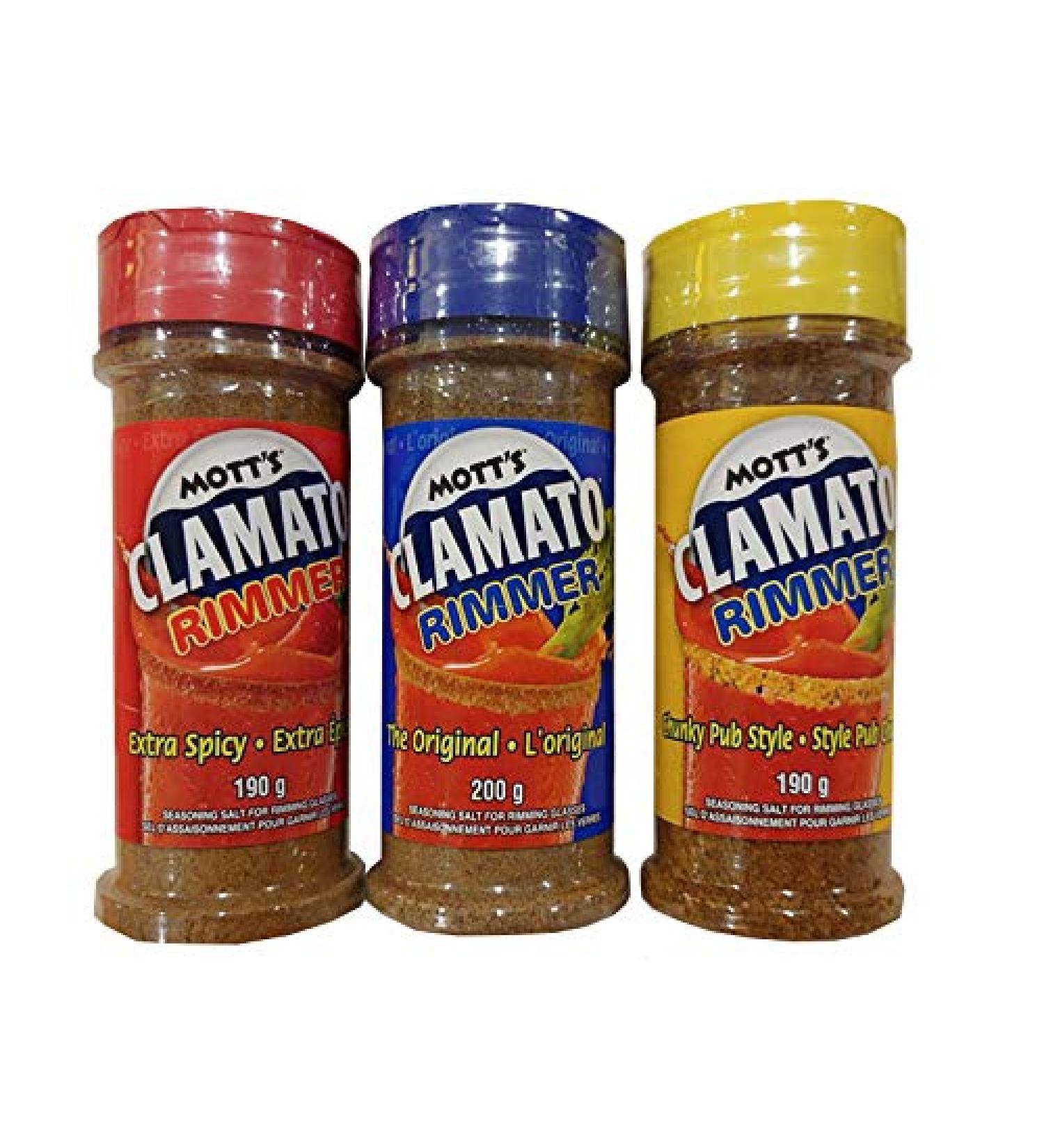Bundle: Mott's Clamato Rimmer 190g - 3 Flavours: The Original Chunky Pub-Style & Extra Spicy (1 of Each Total of 3 Containers)
