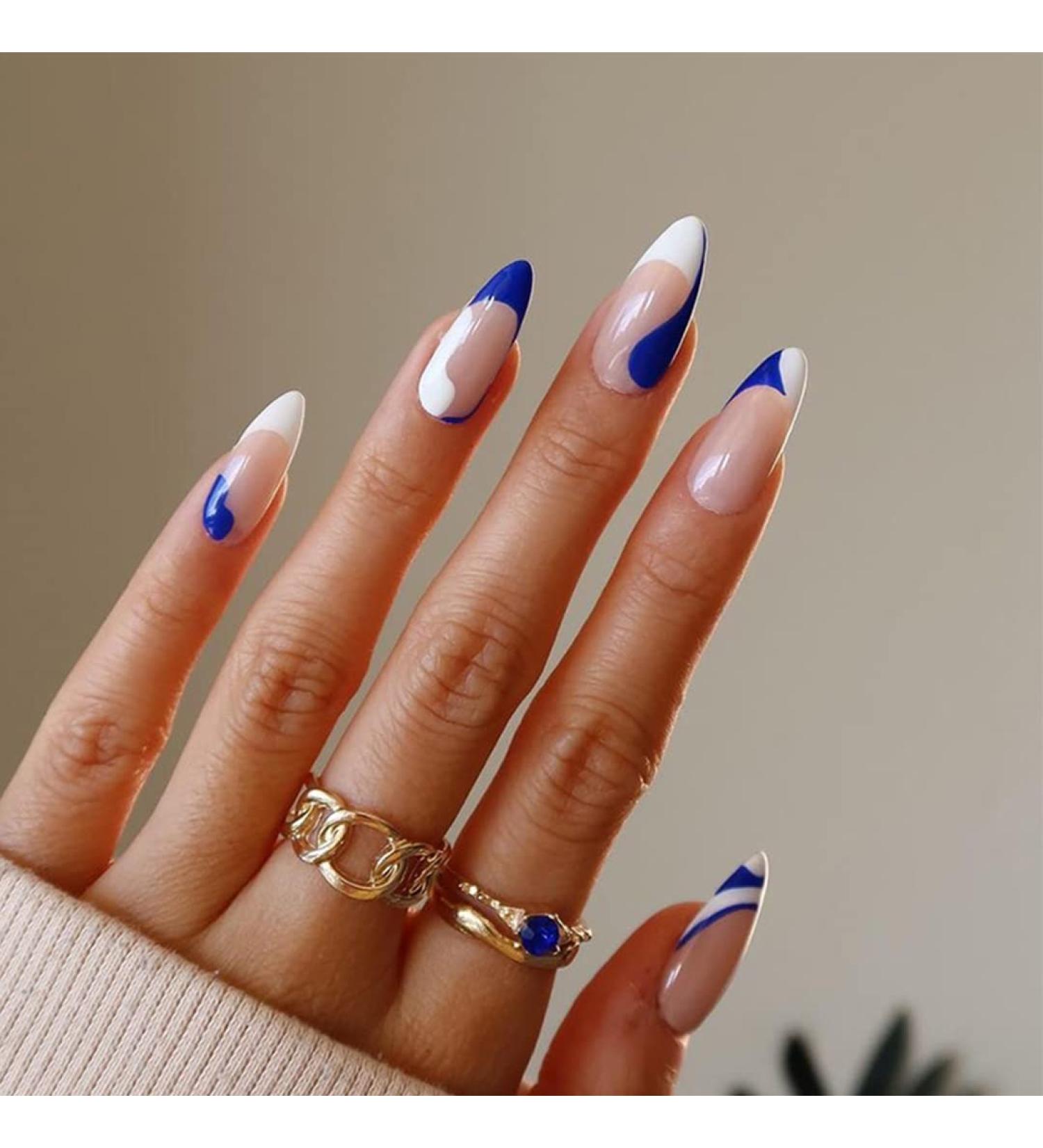 Sethexy 24pc Abstract Almond Shape False Nails | French Press-On Swirl Acrylic Fingernails for Women & Girls - Blue - Buy Online on GoSupps.com