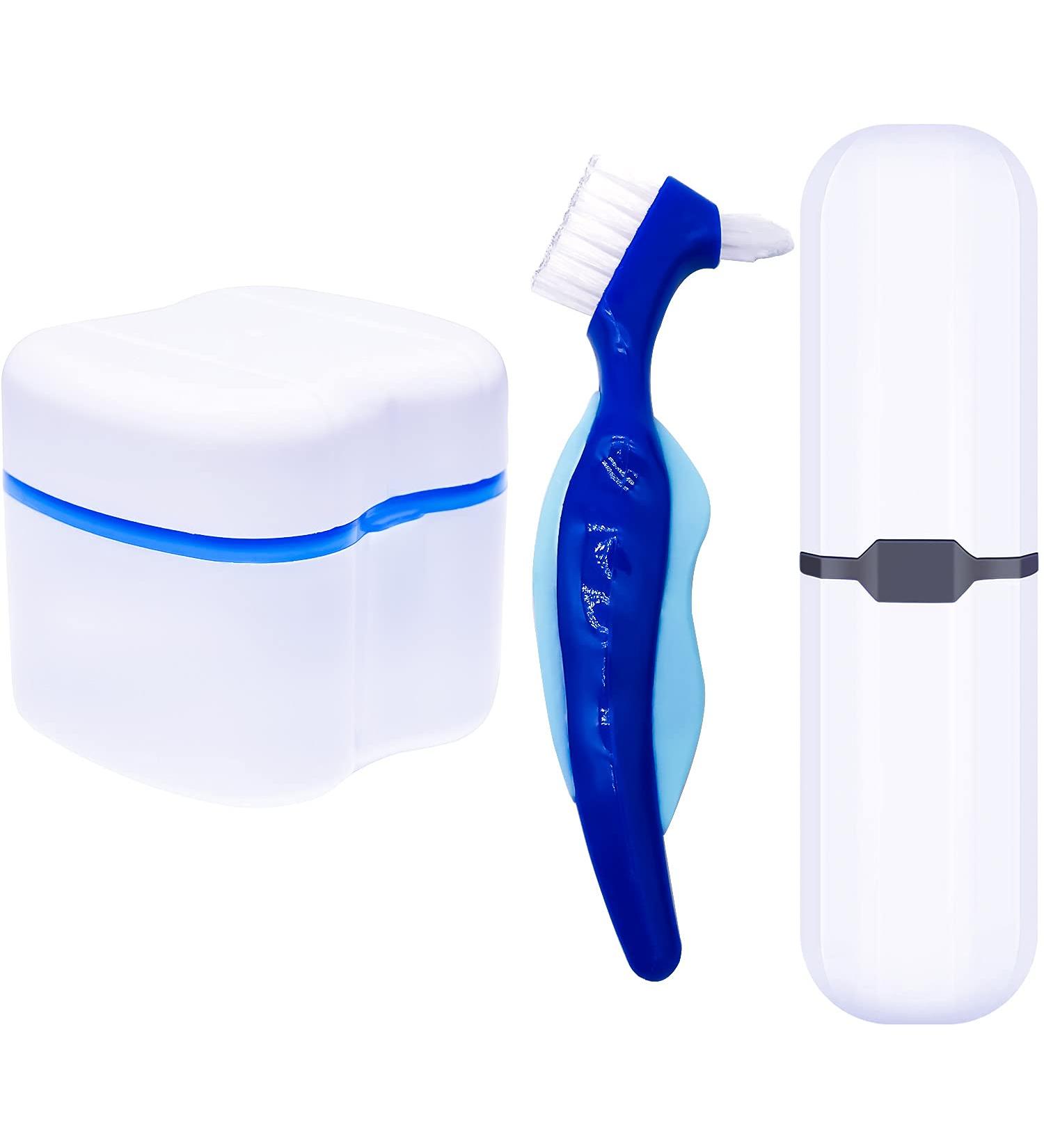 Denture Case with Cups, Toothbrush, and Holder for Travel - Blue | Dentures Container with Basket for Mouth Guard, Night Guard, Retainer - Hard Denture Organizer - Buy Online on GoSupps.com