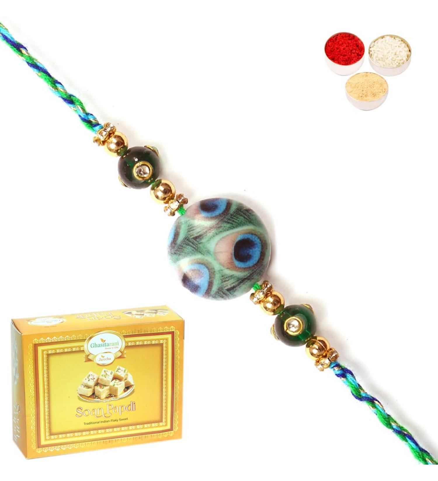 Ghasitaram Gifts Rakhi for Brother Rakhis Online - RM- 702 Premium Rakhi with 400 GMS of Soan Papdi - Buy Online on GoSupps.com