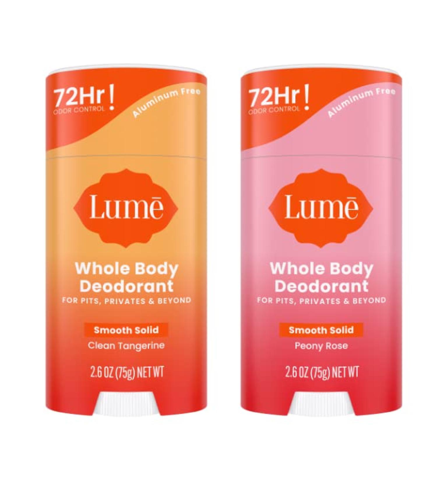 Lume Whole Body Deodorant - Smooth Solid Stick Bundle- 72 Hour Odor Control - Aluminum Free Baking Soda Free and Skin Safe - 2.6 Ounce (Clean Tangerine & Peony Rose)
