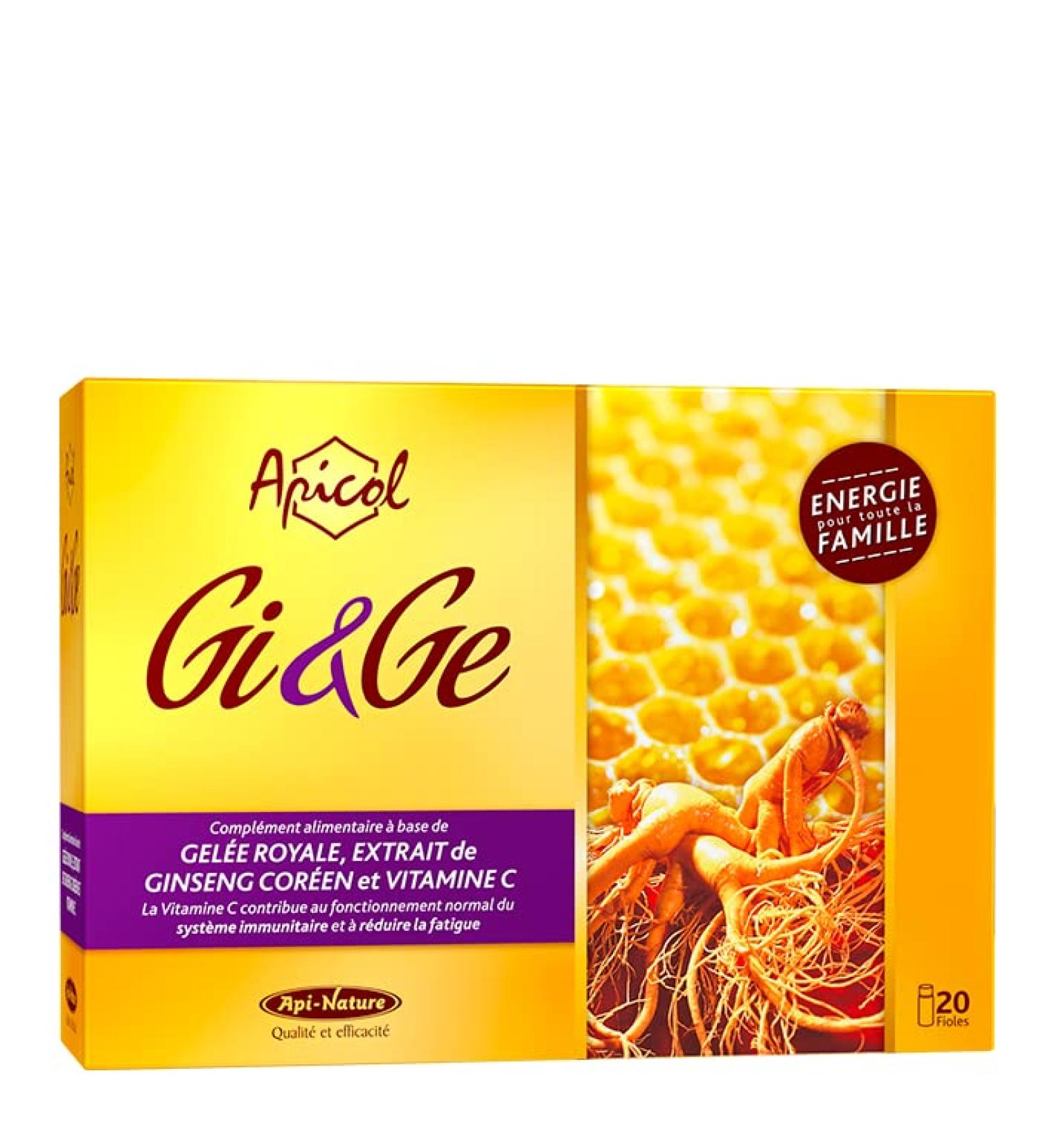 Royal Jelly and Ginseng - Apicol GI&GE 20 vials | Royal Jelly Korean Ginseng Extract and Vitamin C | Promotes Vitality | Api-Nature