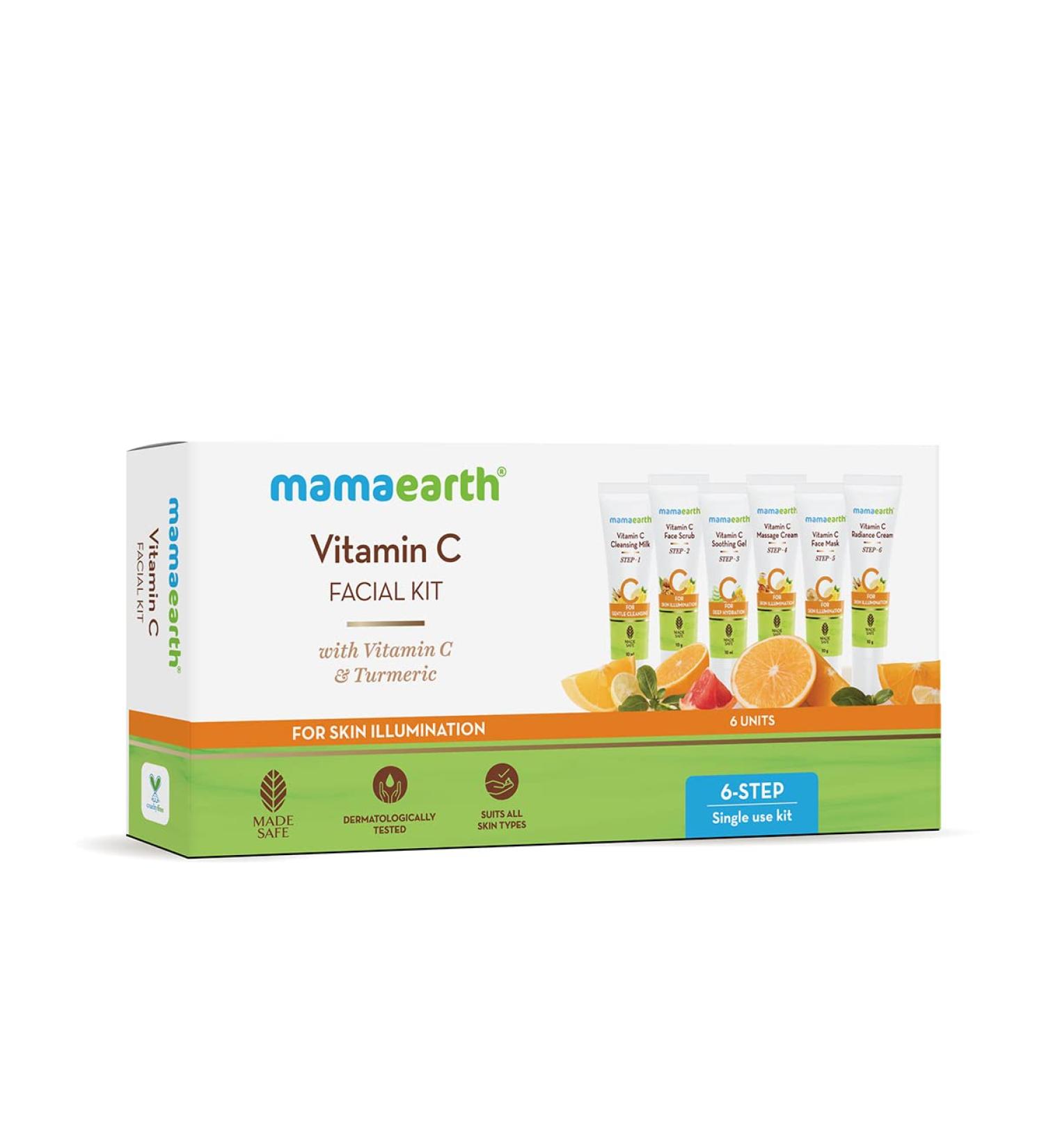 Mamaearth Vitamin C Facial Kit - 6-Step Skin Illumination Includes Cleanser Scrub Gel & More | Long Lasting Glow | 2.12 Oz/60g - Shop Internationally - Buy Online on GoSupps.com