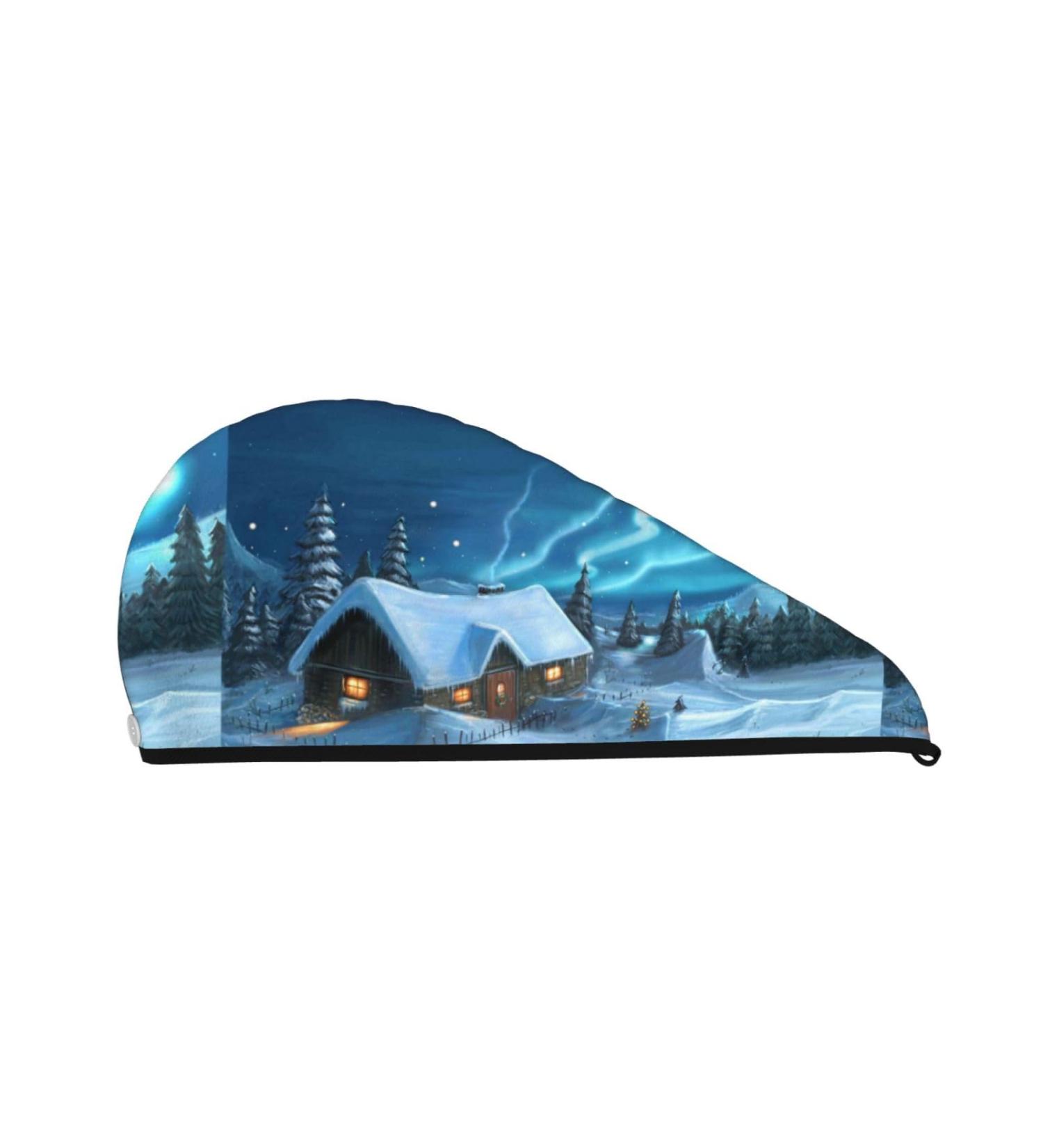 Hair Towel Wrap | Quick-Drying Towel Turban with Button | Stylish Head Towel for Effortless Hair Drying - Mountain Cottage in Snow Design - Buy Online on GoSupps.com