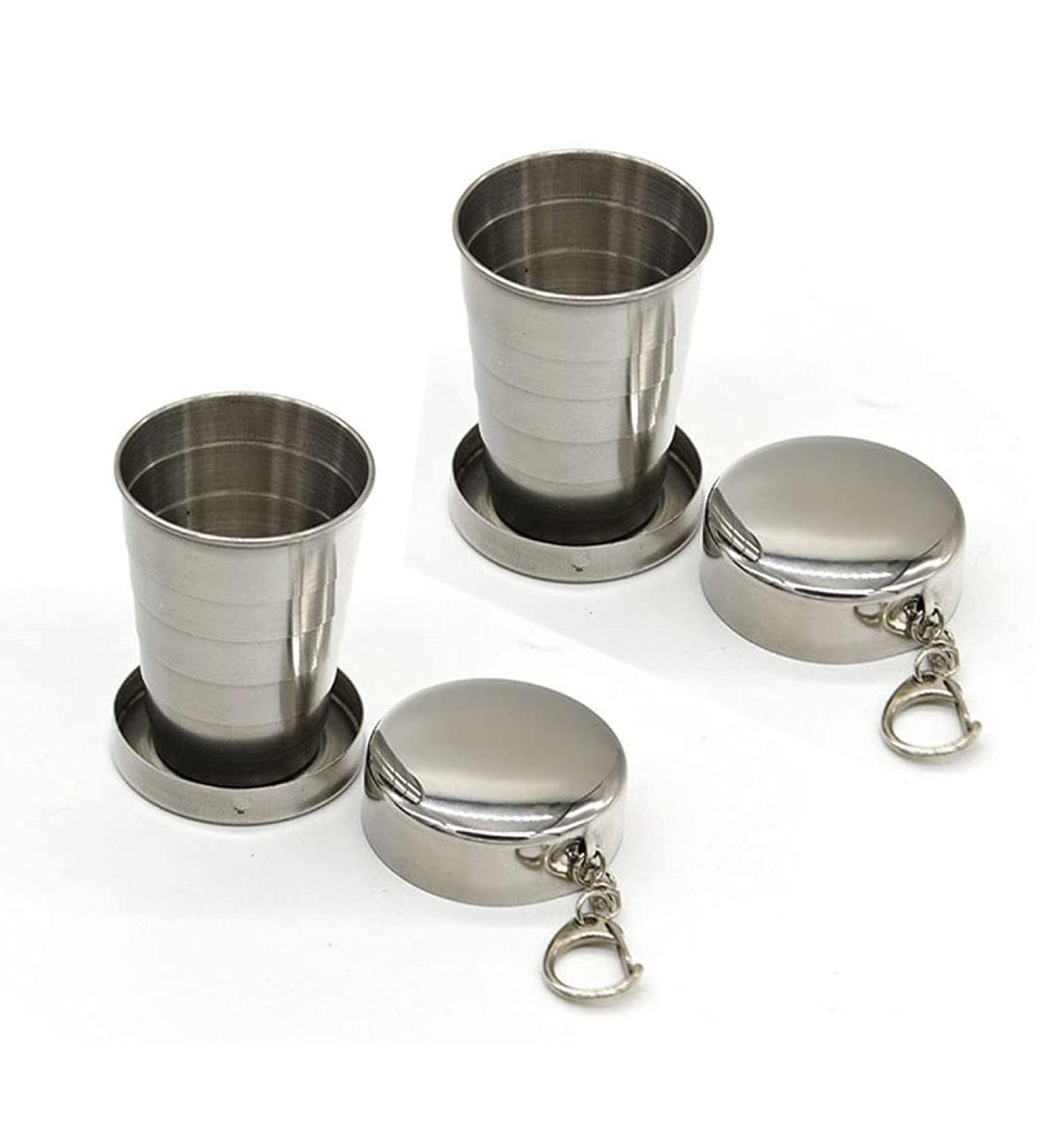 2Pcs 75ML Stainless Steel Collapsible Cups with Lid & Keychain - Portable Travel Mug for Camping, Hiking & Outdoor Activities - Buy Online on GoSupps.com