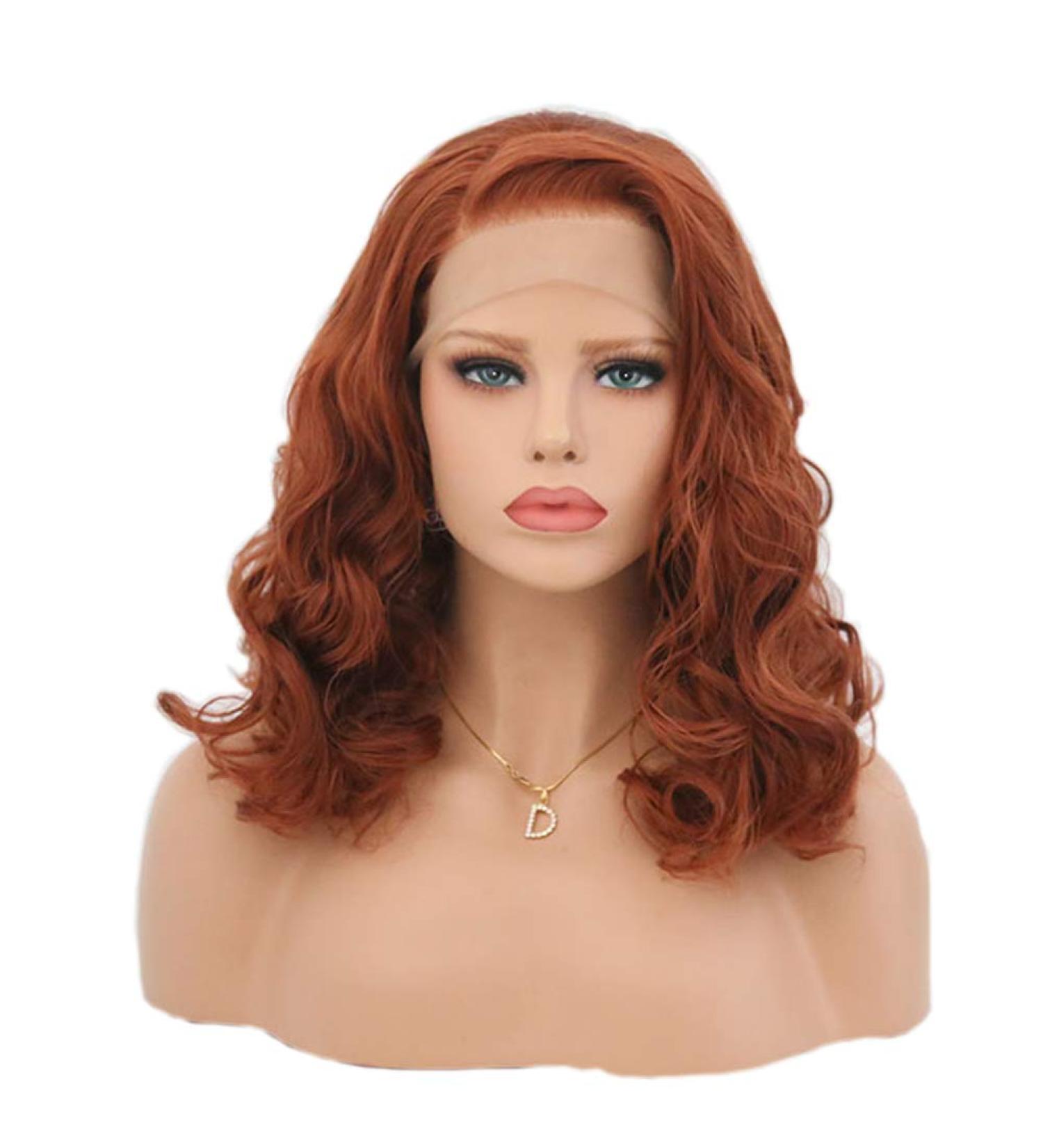 Copper Red Auburn Short Wavy Lace Front Synthetic Wig - Shoulder Length (Red Brown - Buy Online on GoSupps.com