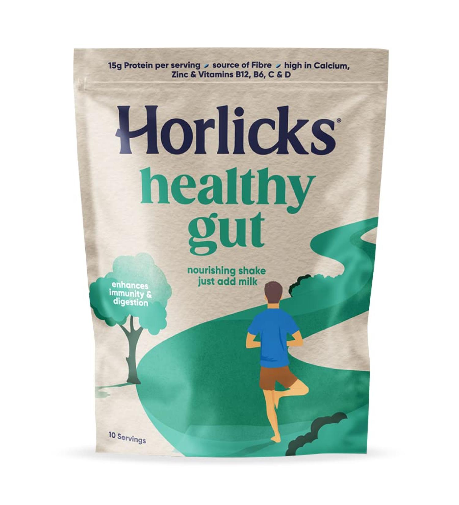 Horlicks Healthy Gut 400g: Malted Milk Protein Powder with Vitamin B12, B6, C, D for Digestion & Immune Support | 15g Protein | Prebiotics & Glutamine | 10 Servings - Buy Online on GoSupps.com