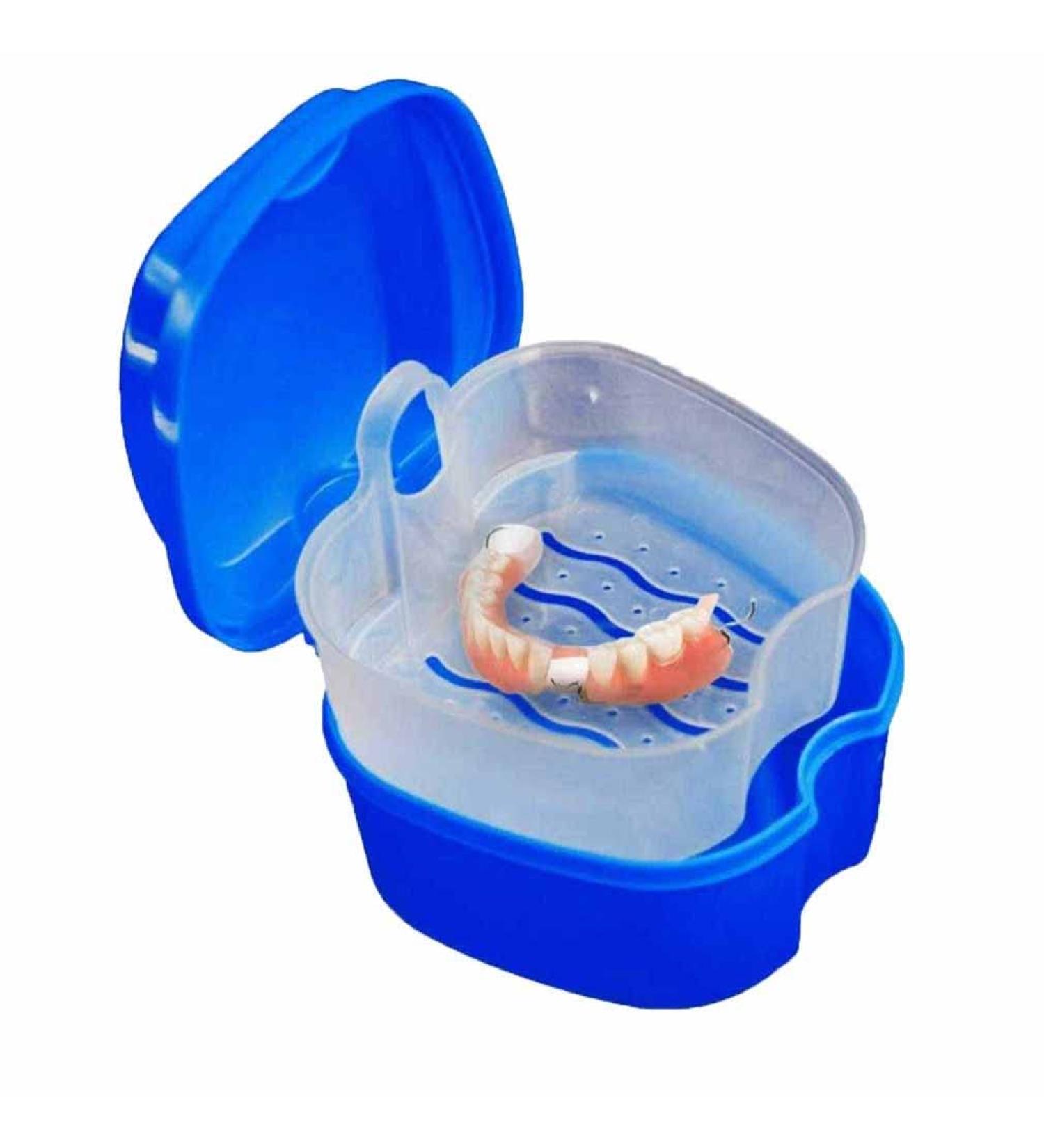 Dental Case Denture Box with Flushable Basket Solid Orthodontic Retainer Case Denture Bath Case Dentures Container with Basket Denture Holder for Home & Travel Use Retainer Cleaning - Dark Blue - Buy Online on GoSupps.com