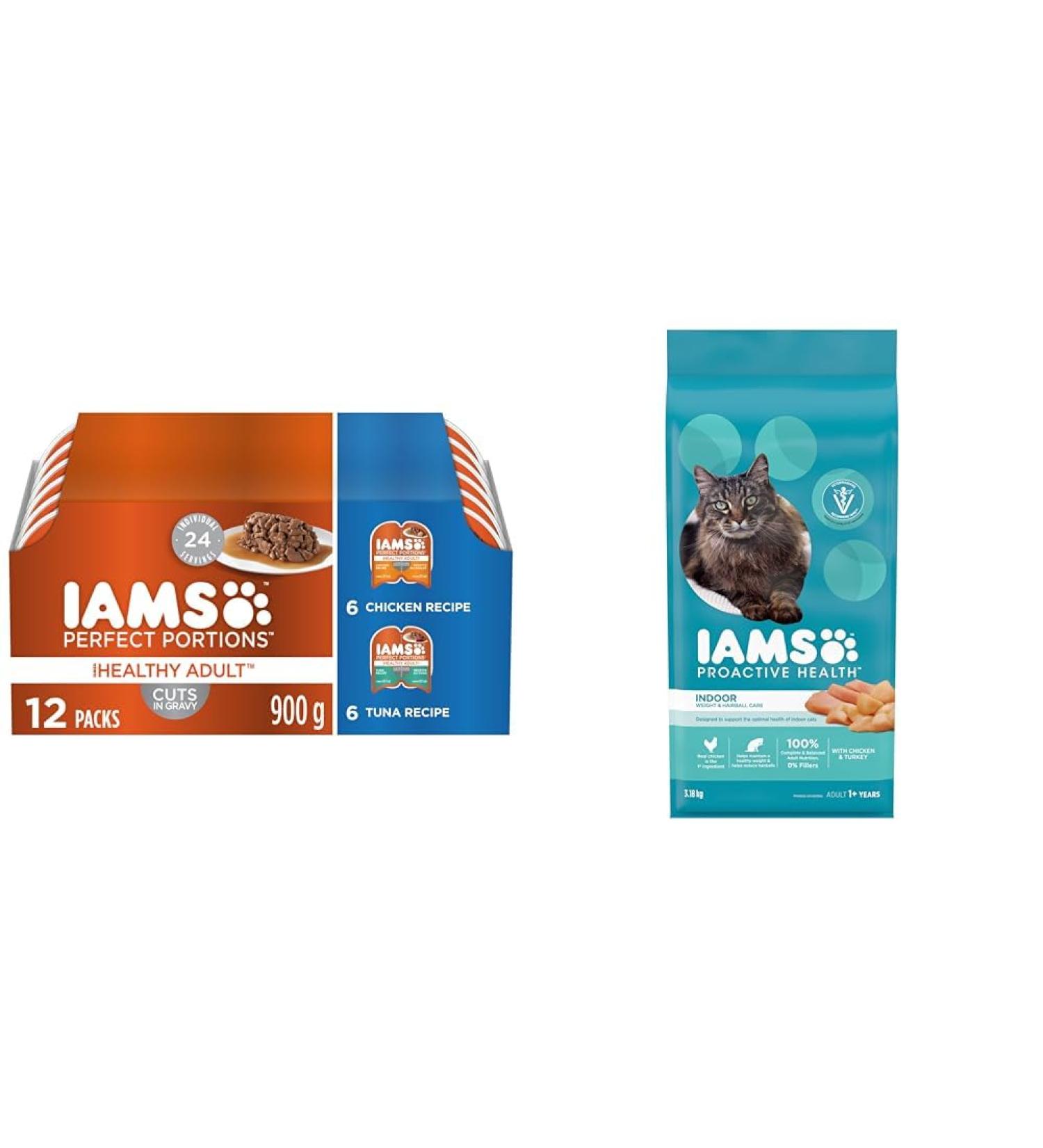 IAMS Perfect Portions Healthy Wet Cat Food Adult Grain Free Cuts in Gravy - Chicken and Tuna 12CT & Proactive Health Dry Cat Food Adult - Indoor Weight & Hairball Care - Chicken & Turkey 3.18kg - Buy Online on GoSupps.com