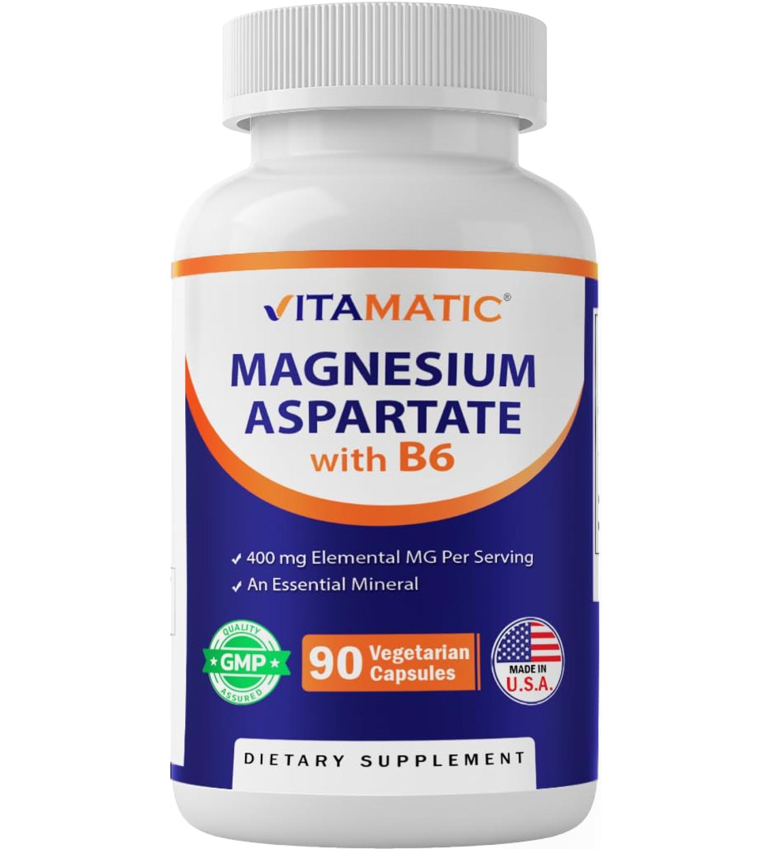 Vitamatic Magnesium Aspartate 400mg per Serving - 90 Vegetarian Capsules - Added B6 for Maximum Absorption - Supports Muscle, Joint, and Heart Health* 90 Count (Pack of 1) - Buy Online on GoSupps.com