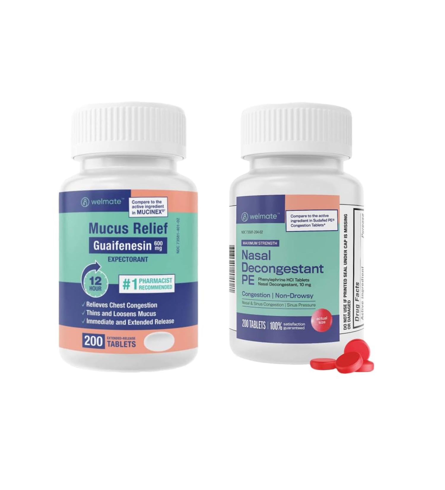 WELMATE Respiratory Relief Bundle: Guaifenesin 600 Mg Mucus Relief (200 Bi-Layer Tablets) + Phenylephrine HCl 10 mg Nasal Decongestant PE (200 Tablets) Sinus Cold & Allergy Support - Buy Online on GoSupps.com
