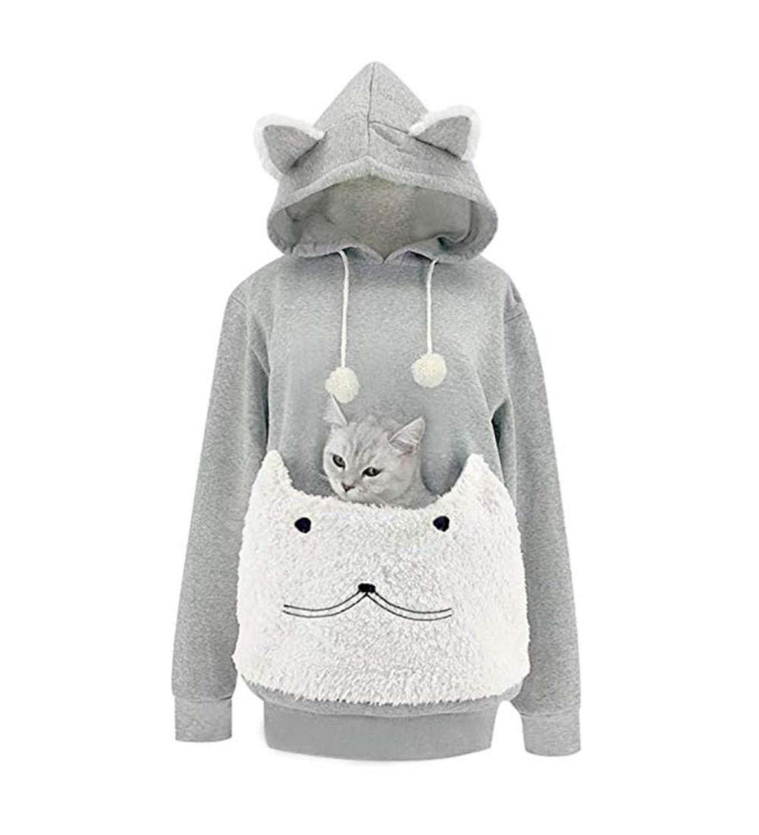 Cat Dog Kanguru Hoodie | Plush Animal Ear Sweatshirt for Cat Lovers - Cozy Gray Pullover with Paw Print Bag - Buy Online on GoSupps.com
