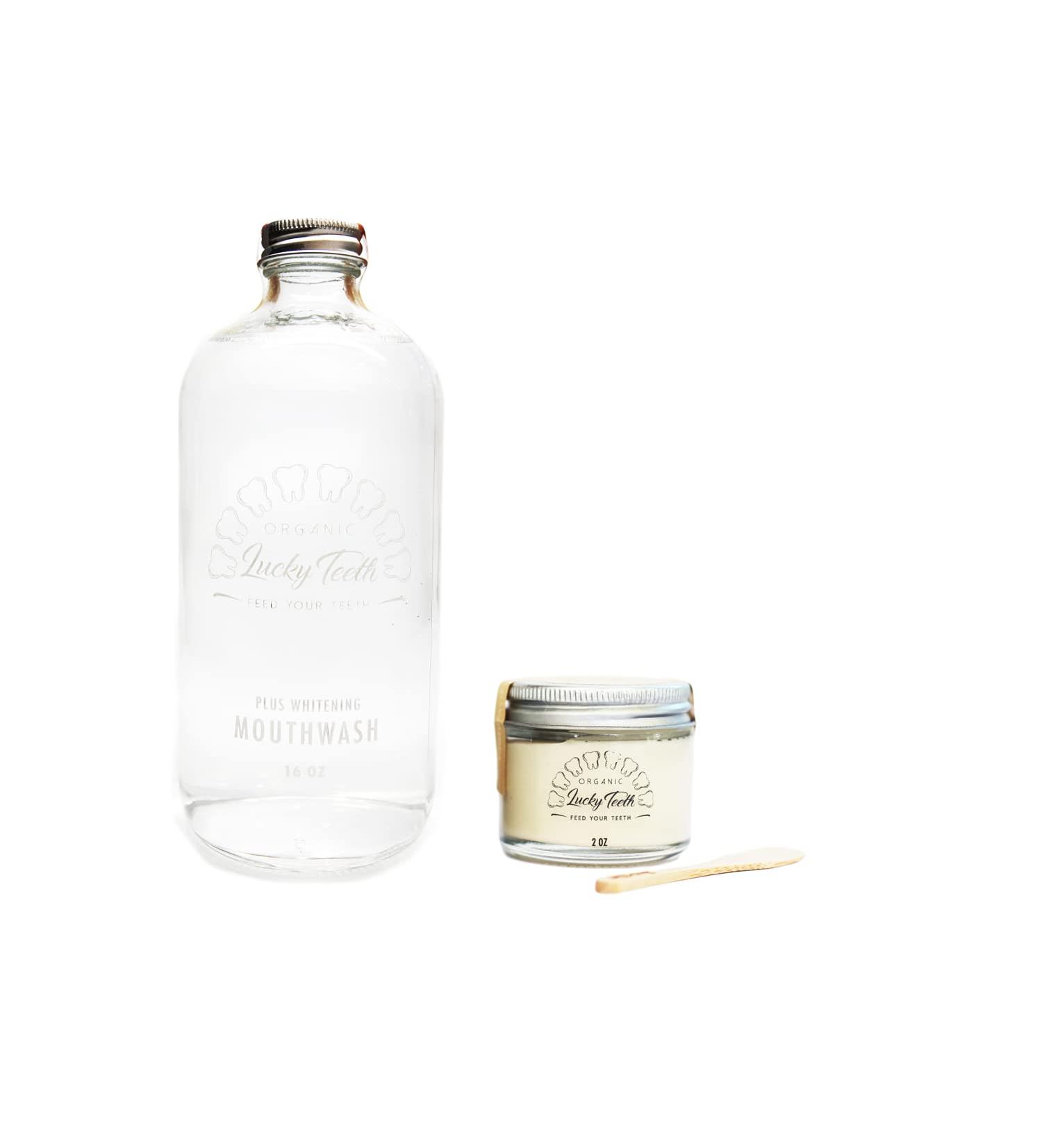 Organic MouthaWash - Plus WHITENING + Remineralizing Toothpaste Pack- Whitens Refreshes. Food Grade Peroxide + Essential Oils. Vegan and Cruelty Free. Glass Jar (16 oz) (Regular 2 oz)