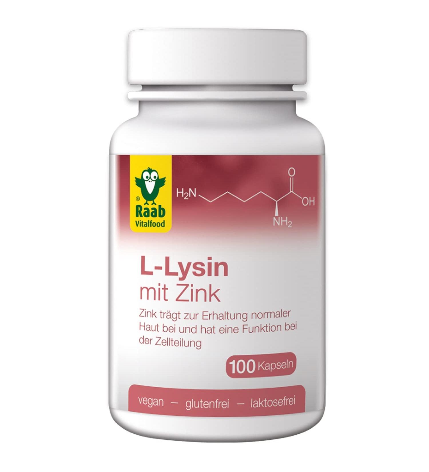 Raab Vitalfood L-Lysine with Zinc | Vegan Gluten-Free & Lactose-Free | 100 Capsules - International Shipping Available - Buy Online on GoSupps.com