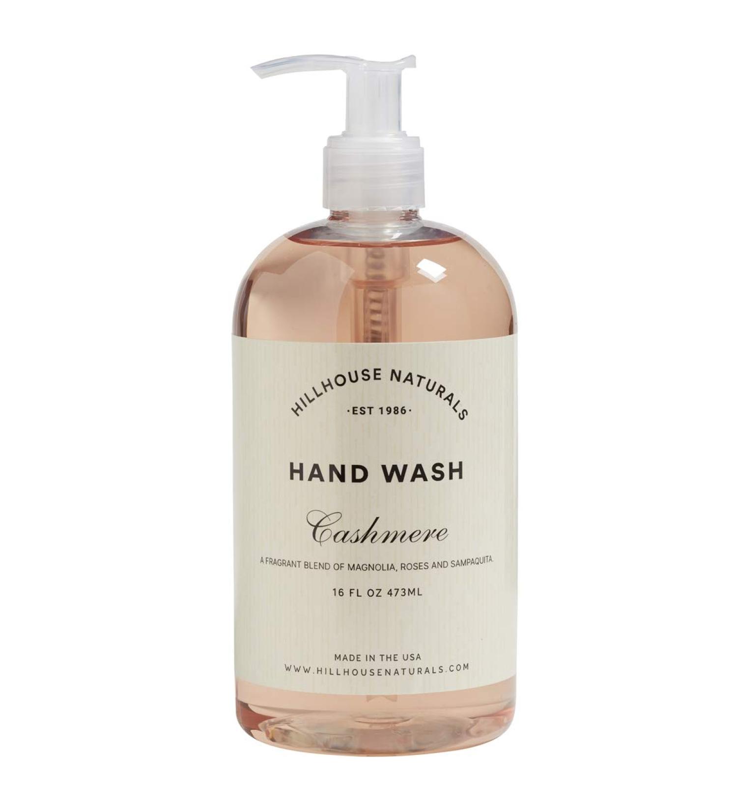 Hillhouse Naturals 16oz Hand Wash. With a soothing melodious composition of roses magnolia and sampaguita. Made in the USA Cashmere