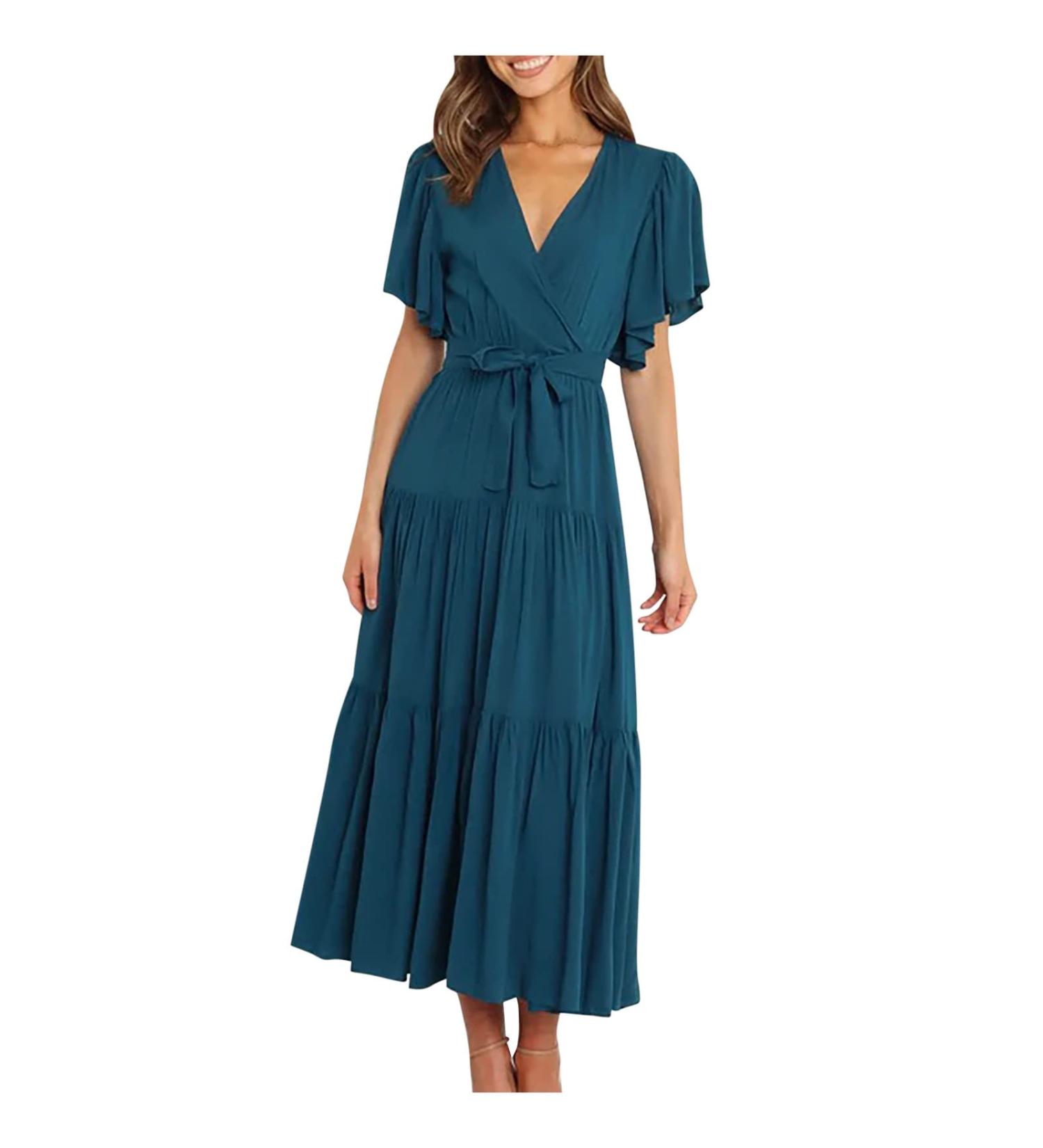 asntrgd Women's 2023 Summer Dress - V Neck Ruffle Wrap Maxi Sundress in Green XL - Buy Online on GoSupps.com