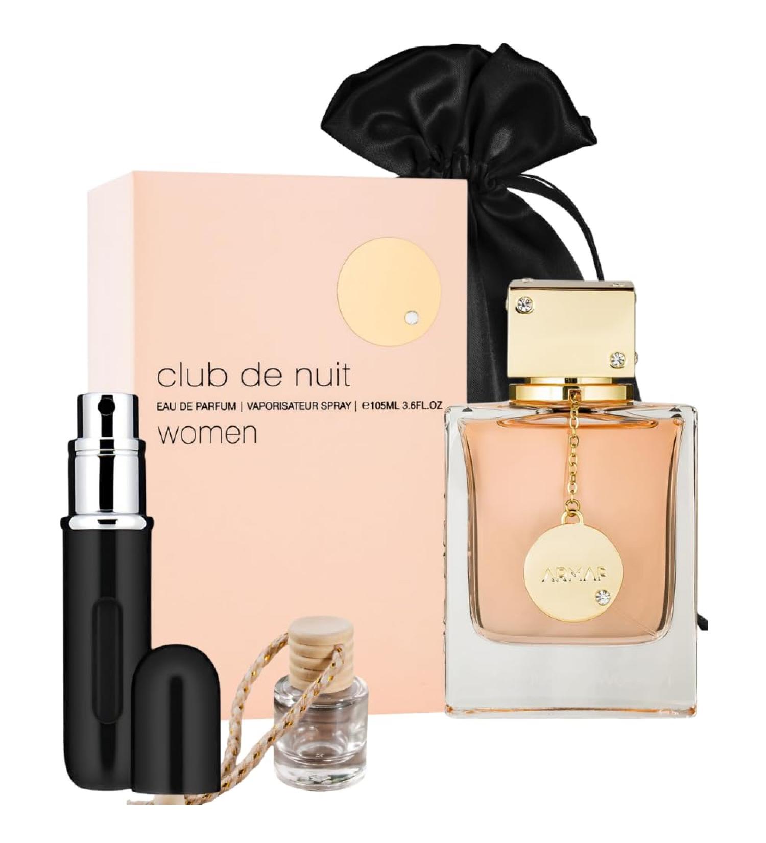 Bundle of Armaf Club De Nuit Eau de Parfum Spray for Women 3.6oz with 5ml Portable Refillable Atomizer and Refillable Car Freshener in a Satin Gift Bag - Buy Online on GoSupps.com