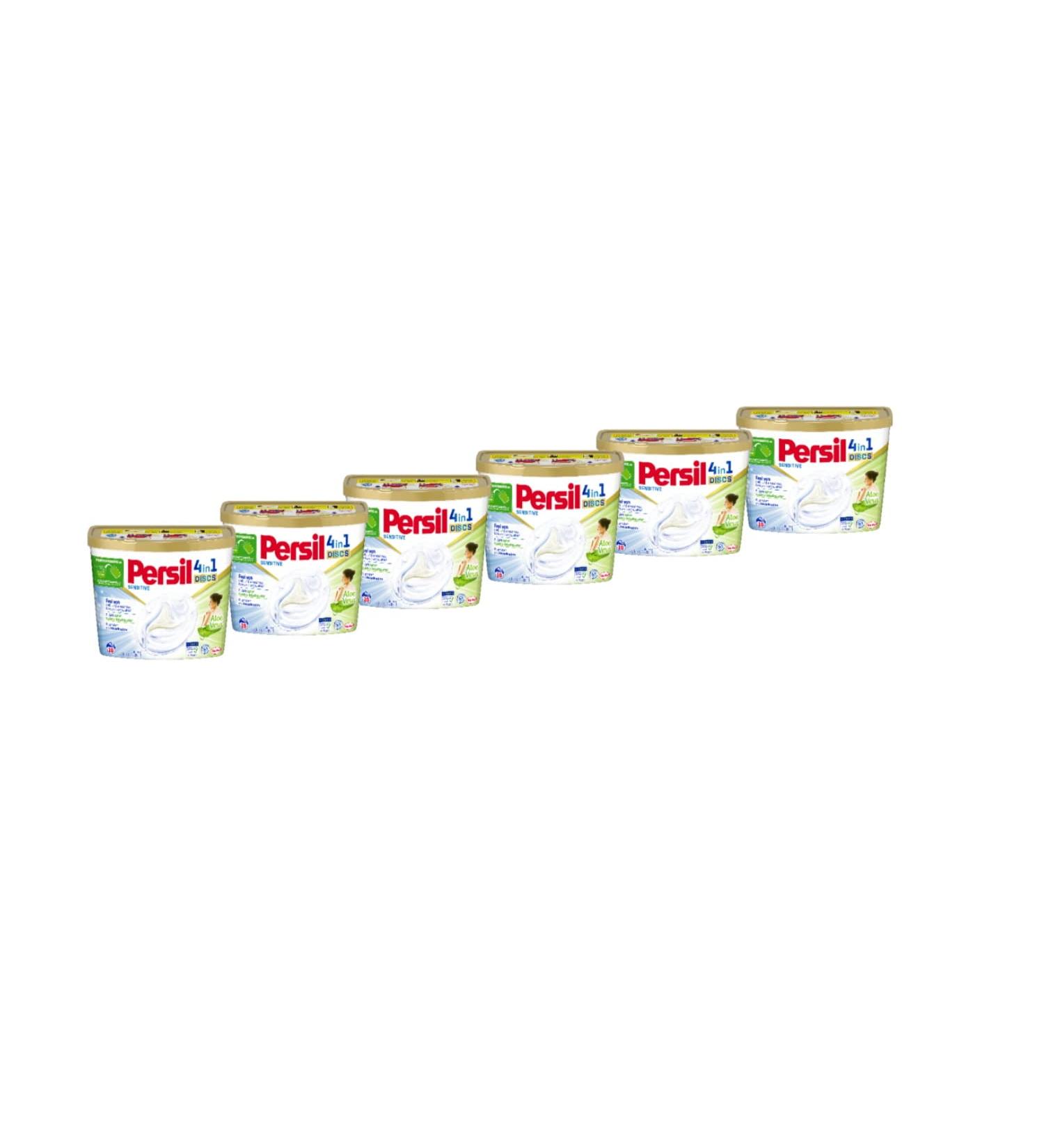 Persil Sensitive 4in1 Discs - Full Detergent 96 WL (6 x 16 Wash Loads) | Allergy-Friendly & Baby Safe with Aloe Vera | Effective from 20 C to 95 C | 400g (6 Pack) - Buy Online on GoSupps.com