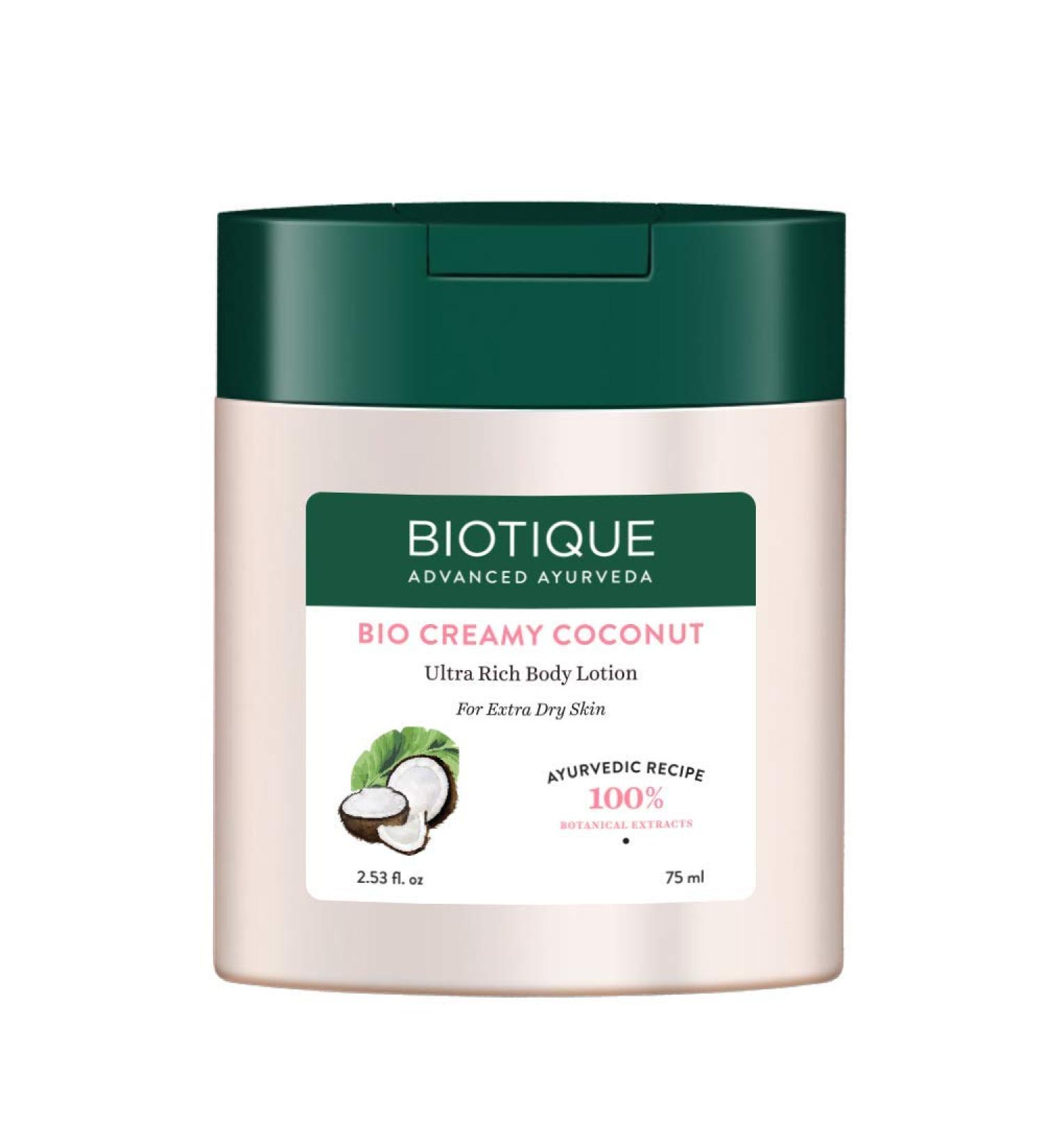 Biotique Bio Creamy Coconut Ultra Rich Body Lotion for Extra Dry Skin - 75ml | Nourishing Moisturizer for All Skin Types - International Shipping Available - Buy Online on GoSupps.com