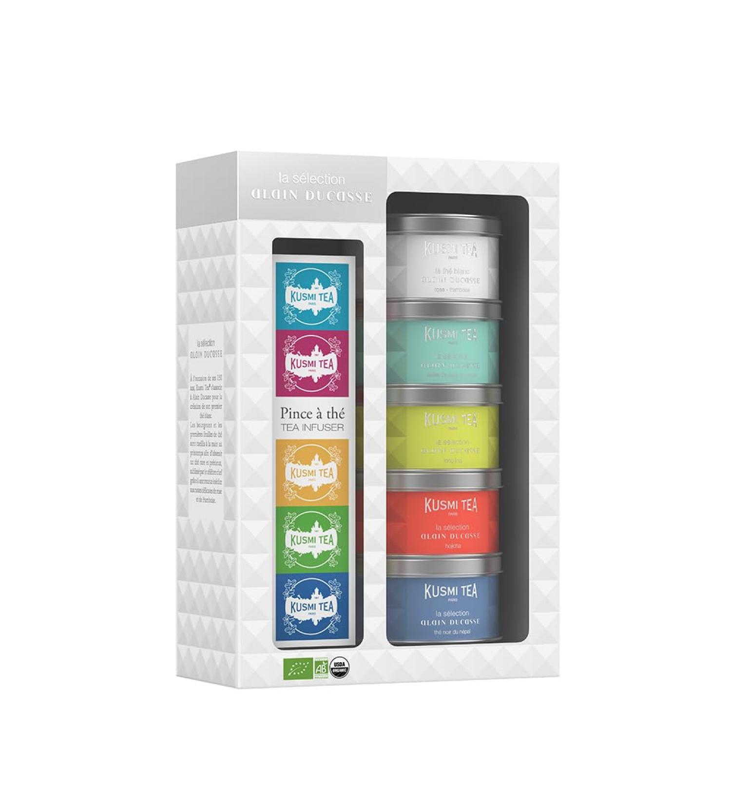 Kusmi Tea - Coffret 5 Miniatures S lection Alain Ducasse + Pince th - Id e cadeau f te des m res - Th blanc Perles de jade Hojicha Long Jing - 5 bo tes de 25g - Buy Online on GoSupps.com