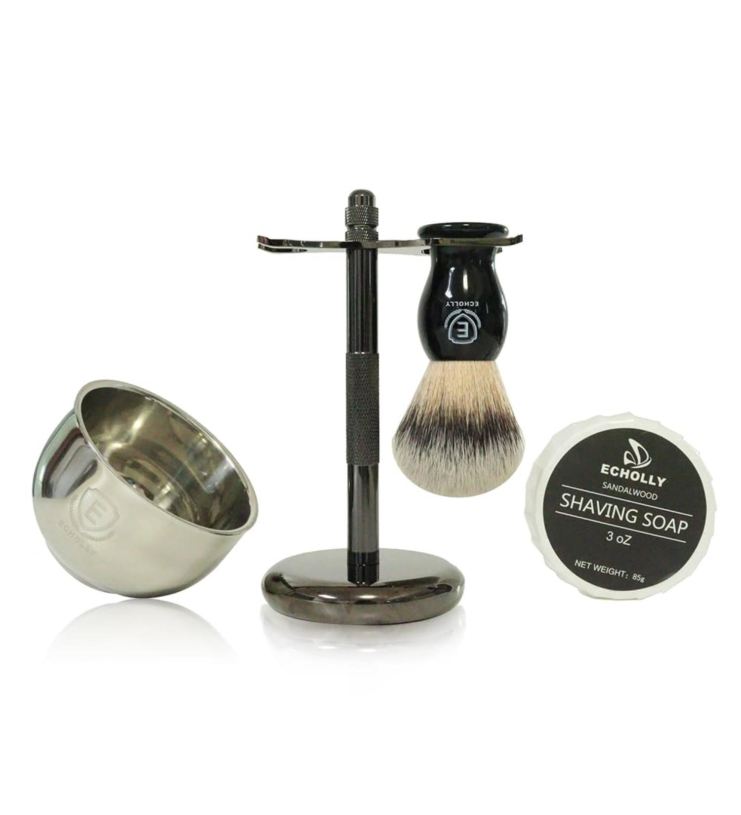 Premium 4-in-1 Shaving Brush Kit for Men - Includes Shaving Brush, Cream Soap, Stainless Steel Bowl, and Stand - Perfect Men's Shaving Gift Set (Black) - Buy Online on GoSupps.com