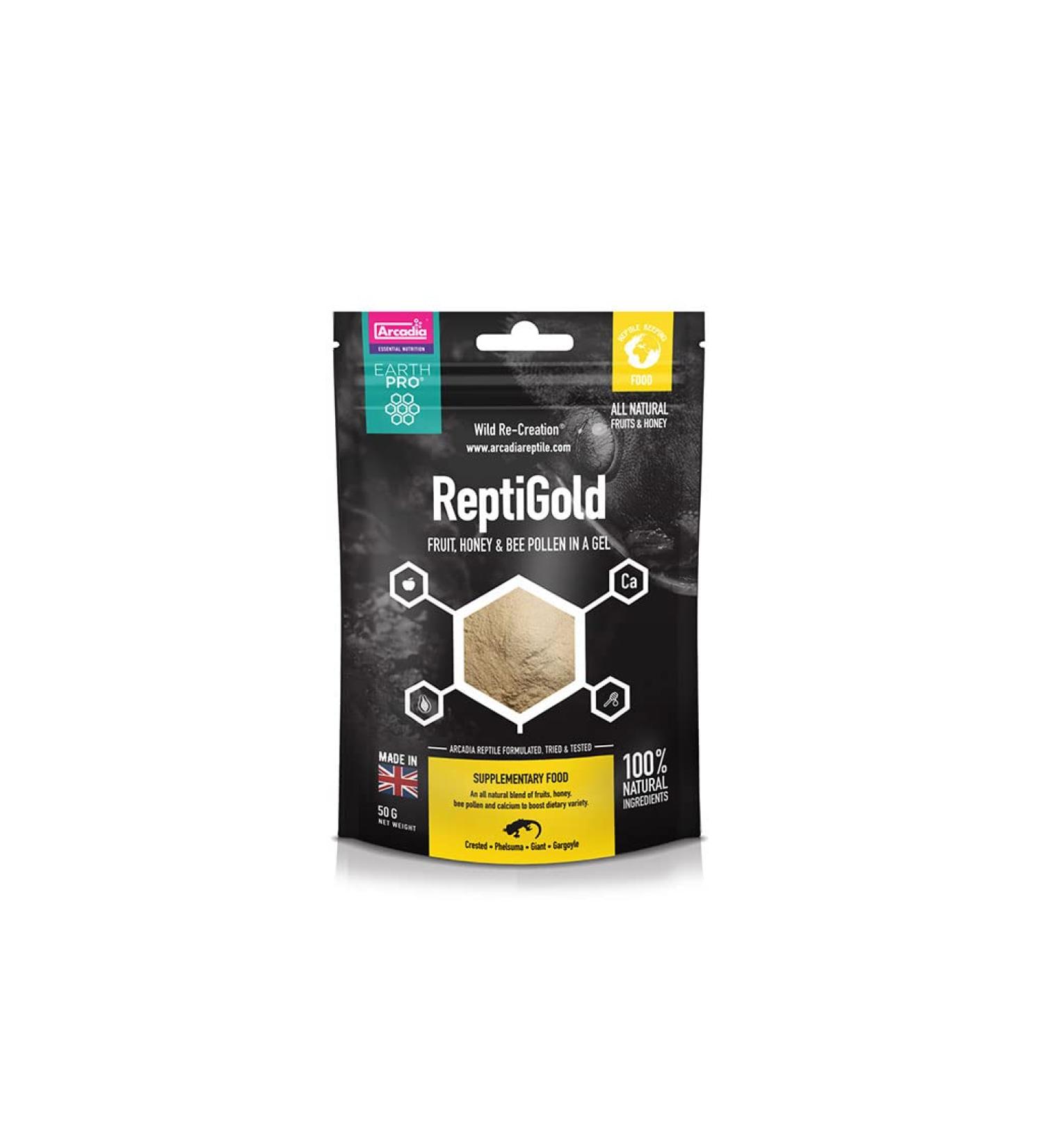 Arcadia - Earth Pro Jellypot Gold - ReptiGold - 50g - 50/50 Fruit Honey & Bee Pollen Mix - For Omnivores & Frugivores - Easy To Feed & Store - Made From All-Natural Ingredients