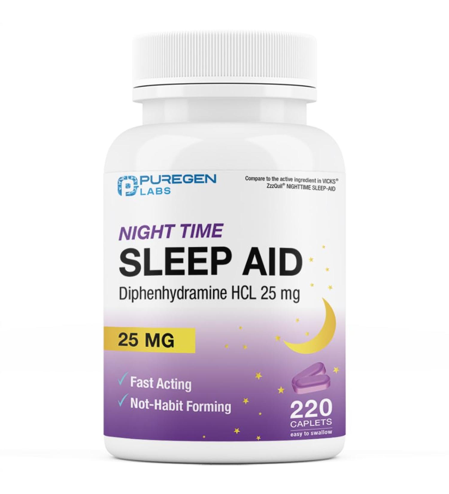 Puregen Labs Sleep Aid Caplets - 25mg Diphenhydramine HCl 220 Count | Non Habit-Forming Supports Deeper Sleep | Made in USA - Buy Online on GoSupps.com