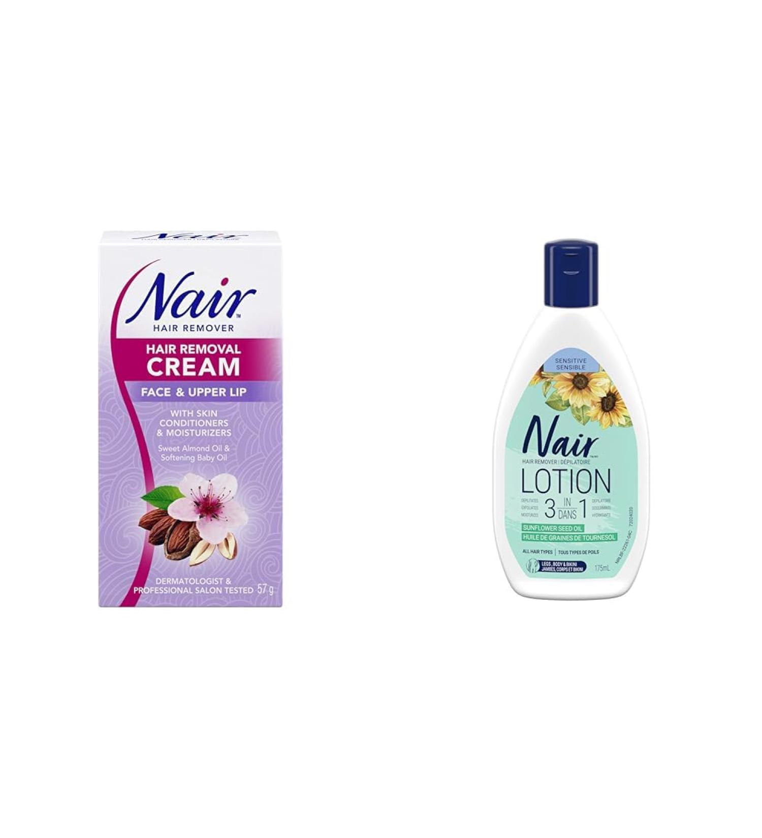 Nair Hair Removal Cream for Face & Upper Lip with Sweet Almond Oil and Baby Oil 57-g & 3-In-1 Hair Removal Lotion for Sensitive Skin with Sunflower Seed Oil 175-ml Cream + 3-In-1 Hair Removal - Buy Online on GoSupps.com
