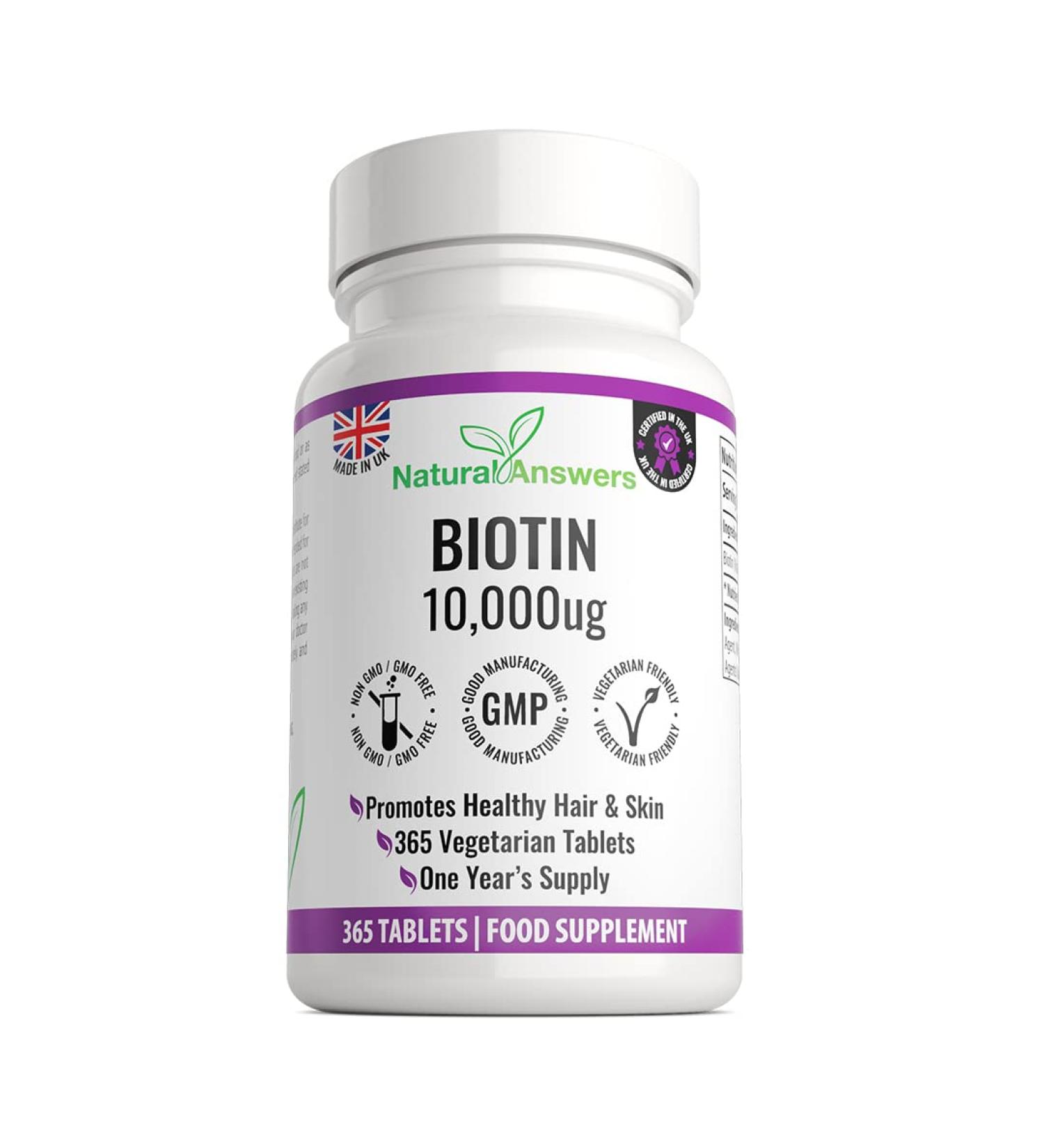 365 Biotin Hair Growth Tablets (1 Year Supply) - 10,000UG Vitamin B7 Supplements for Healthy Hair, Skin, and Nails - Vegetarian Formula for Men and Women - UK Manufactured - Buy Online on GoSupps.com