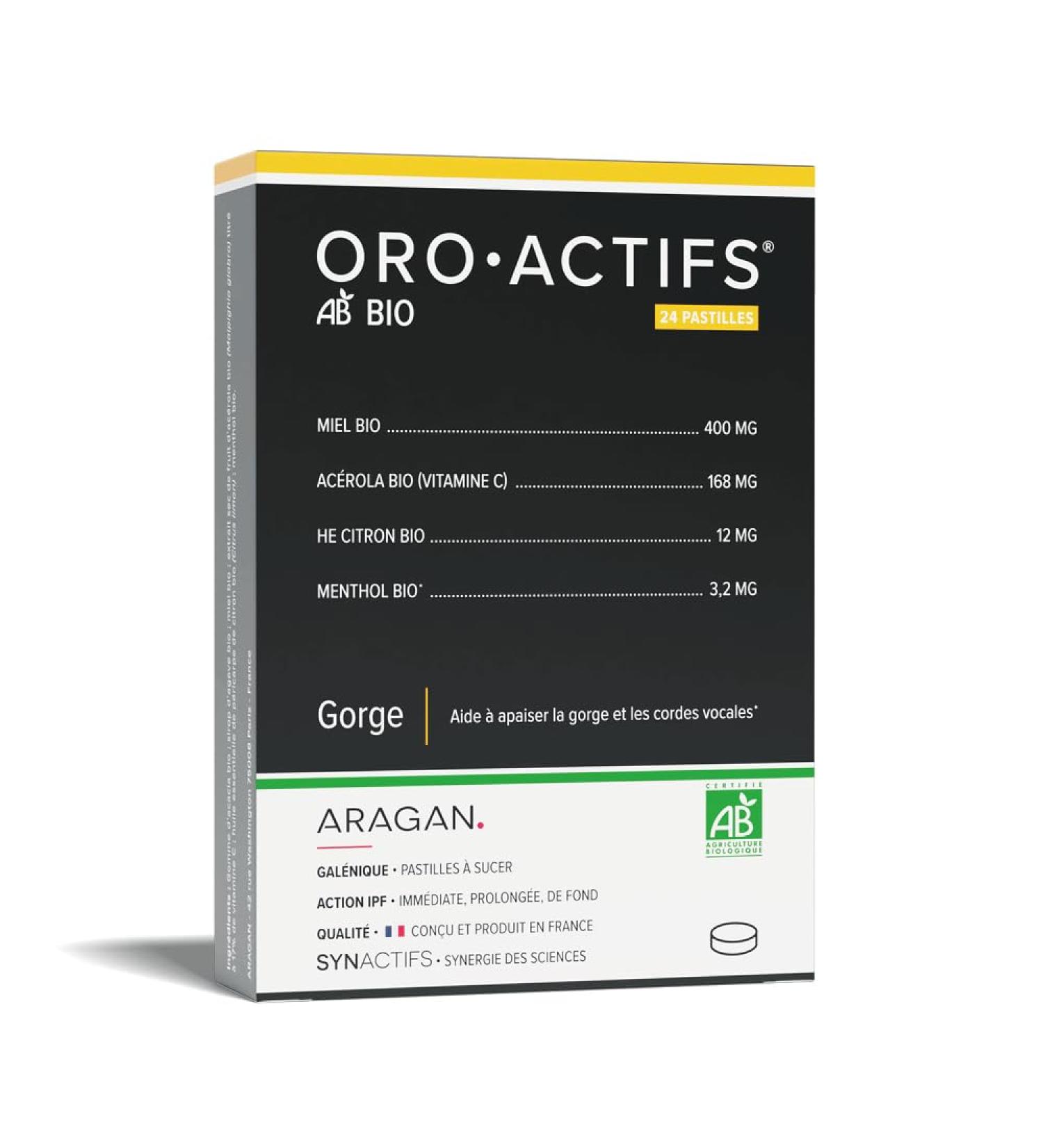ARAGAN - Synactives - Organic Oroactive - Sore Throat Food Supplement - Honey Acerola Menthol Lemon Essential Oil - 24 Lozenges - 6 to 24 days taken - Made in France - Buy Online on GoSupps.com
