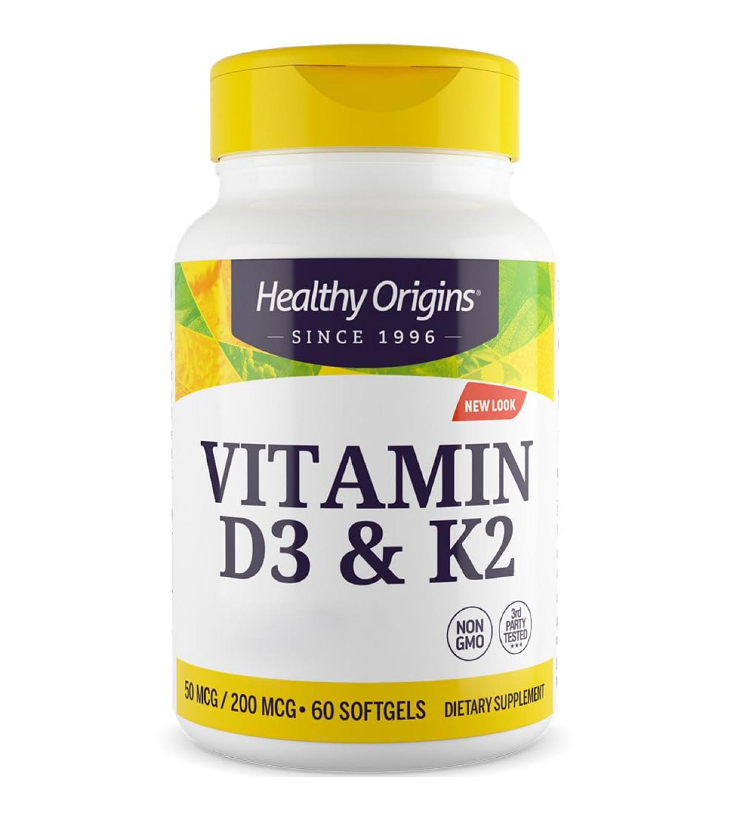 Healthy Origins Vitamin D3 & K2 Depot (2 000IU & 200mcg) 2 Day Dose 60 Soft Capsules Soy Free Gluten Free Non-GMO - Buy Online on GoSupps.com
