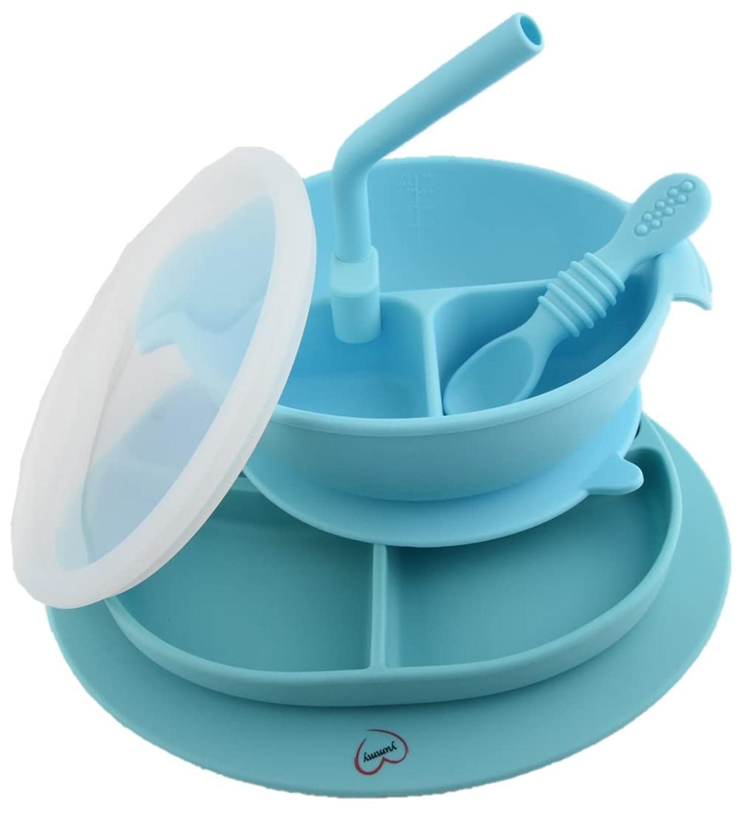 Yummy Baby Toddler Silicone Suction Divided Plate Bowl with Lid & Spoon/Straw - Blue Set | Non-Slip Feeding Dish - BPA Free - Buy Online on GoSupps.com
