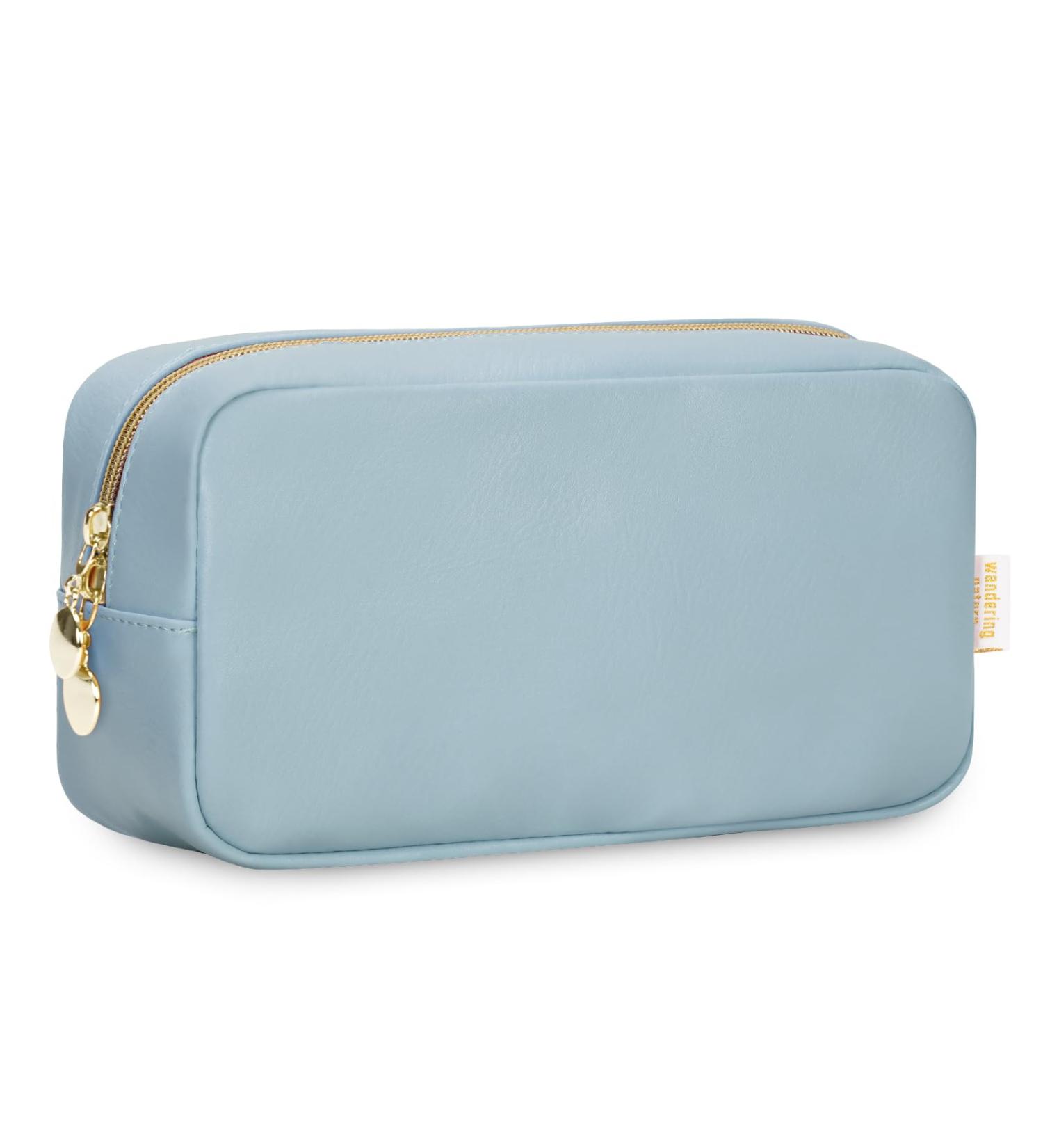 Wandering Nature Eco Vegan Leather Makeup Bag for Women - Small Cosmetic Travel Pouch with Slip-in Pockets in Blue - Buy Online on GoSupps.com