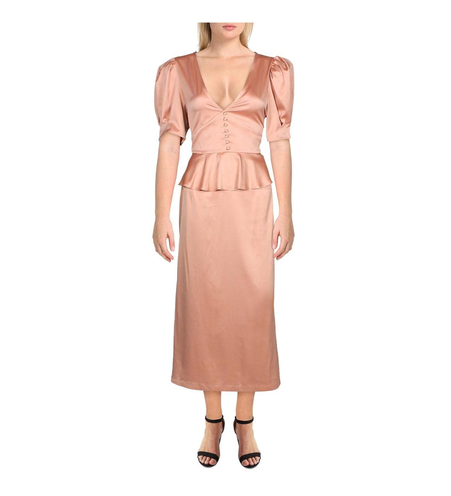 Danielle Bernstein Women's V-Neck Ruffle Midi Dress in Cork 36