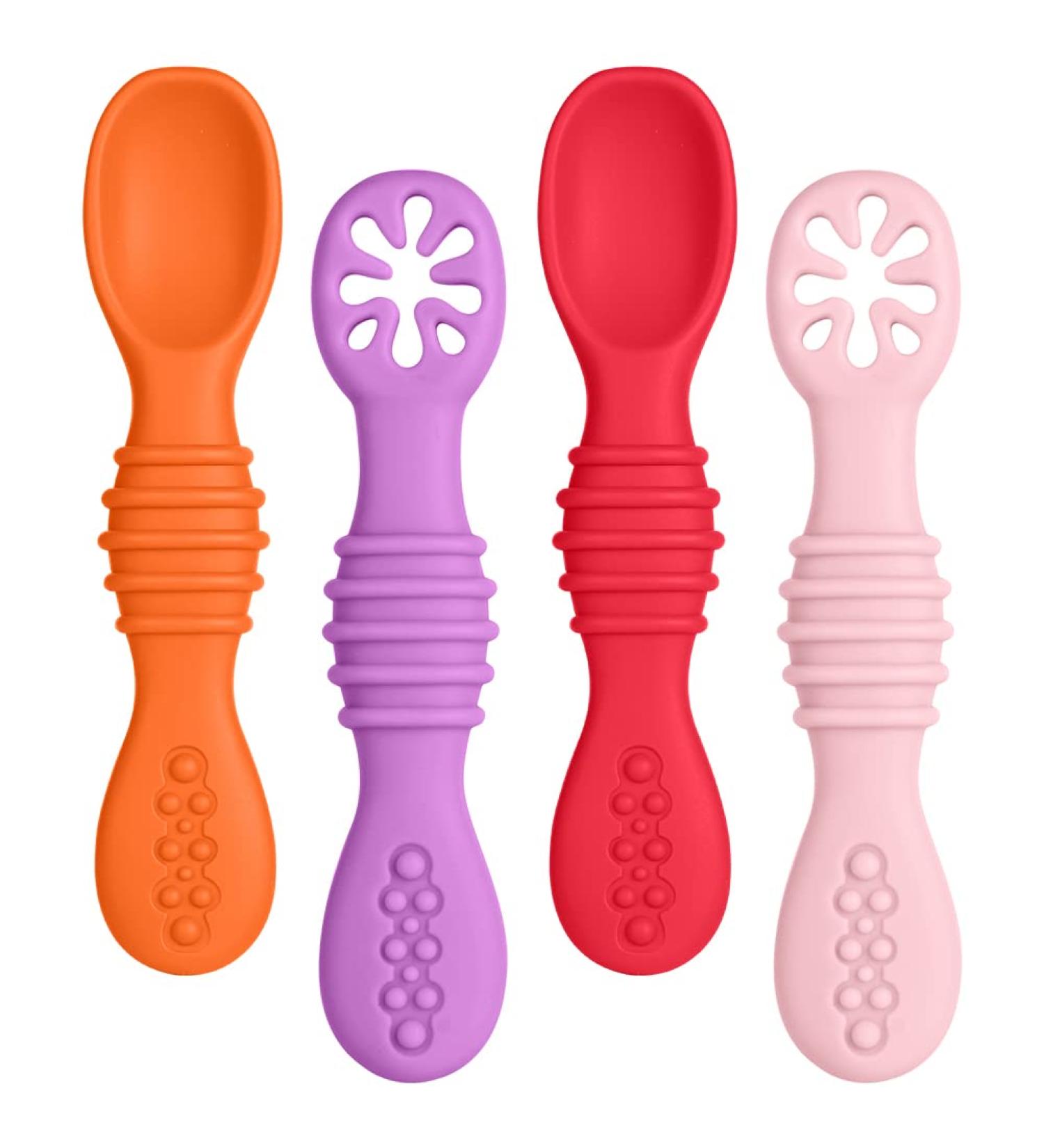 Vicloon 4Pcs Baby Fork and Spoon Set - Self Feeding Utensil Kit for Infant Toddler Children - Silicone Spoon Easy Grip Cutlery Set - Pink/Purple/Orange/Red - Buy Online on GoSupps.com