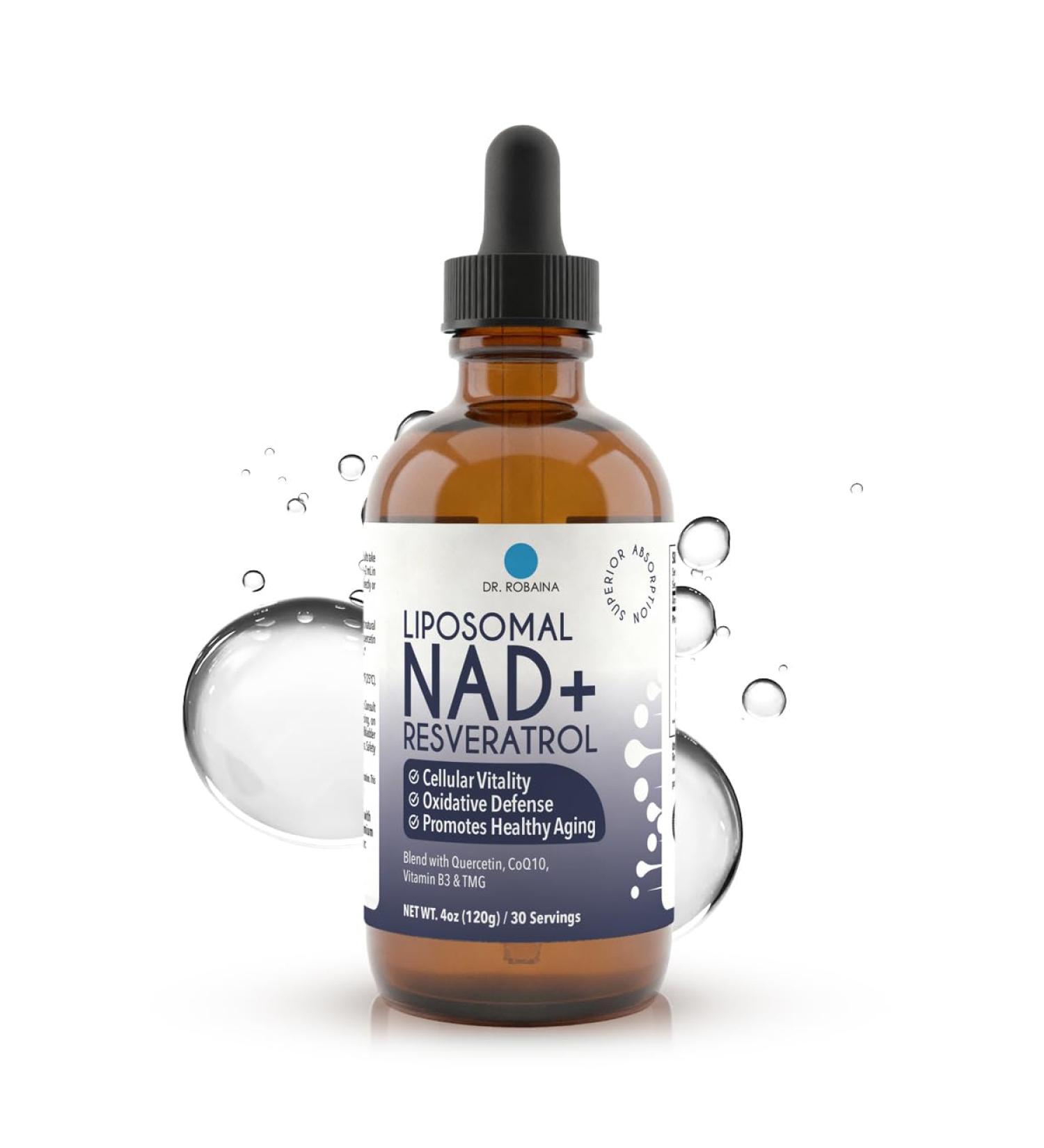 Dr. Robaina Liposomal NAD Liquid Drops Doctor-Formulated with Trans-Resveratrol Quercetin CoQ10 Vitamin B3 & TMG 400 mg NAD per 4 mL Serving Berry Flavor Amber Glass Dropper 4 fl oz - Buy Online on GoSupps.com