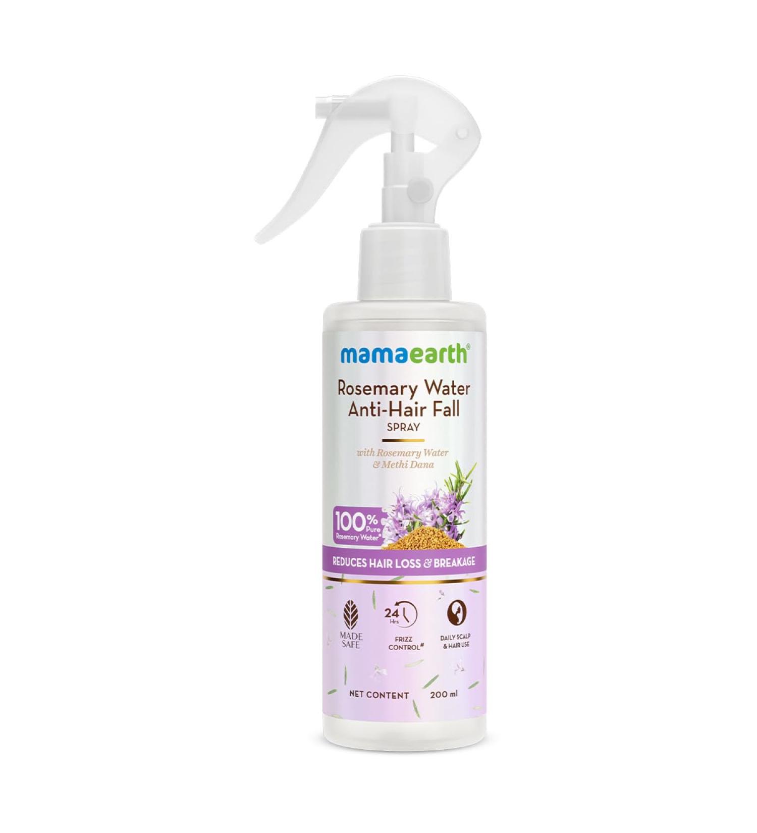 Mamaearth Rosemary Water Anti-Hair Fall Spray with 100% Pure Rosemary Water & Methi Dana 200ml | Stronger Denser Hair | 24Hr Frizz Control | Folligen ANA Lupe Fision Aquashield | Shiny Smooth Hair - Buy Online on GoSupps.com