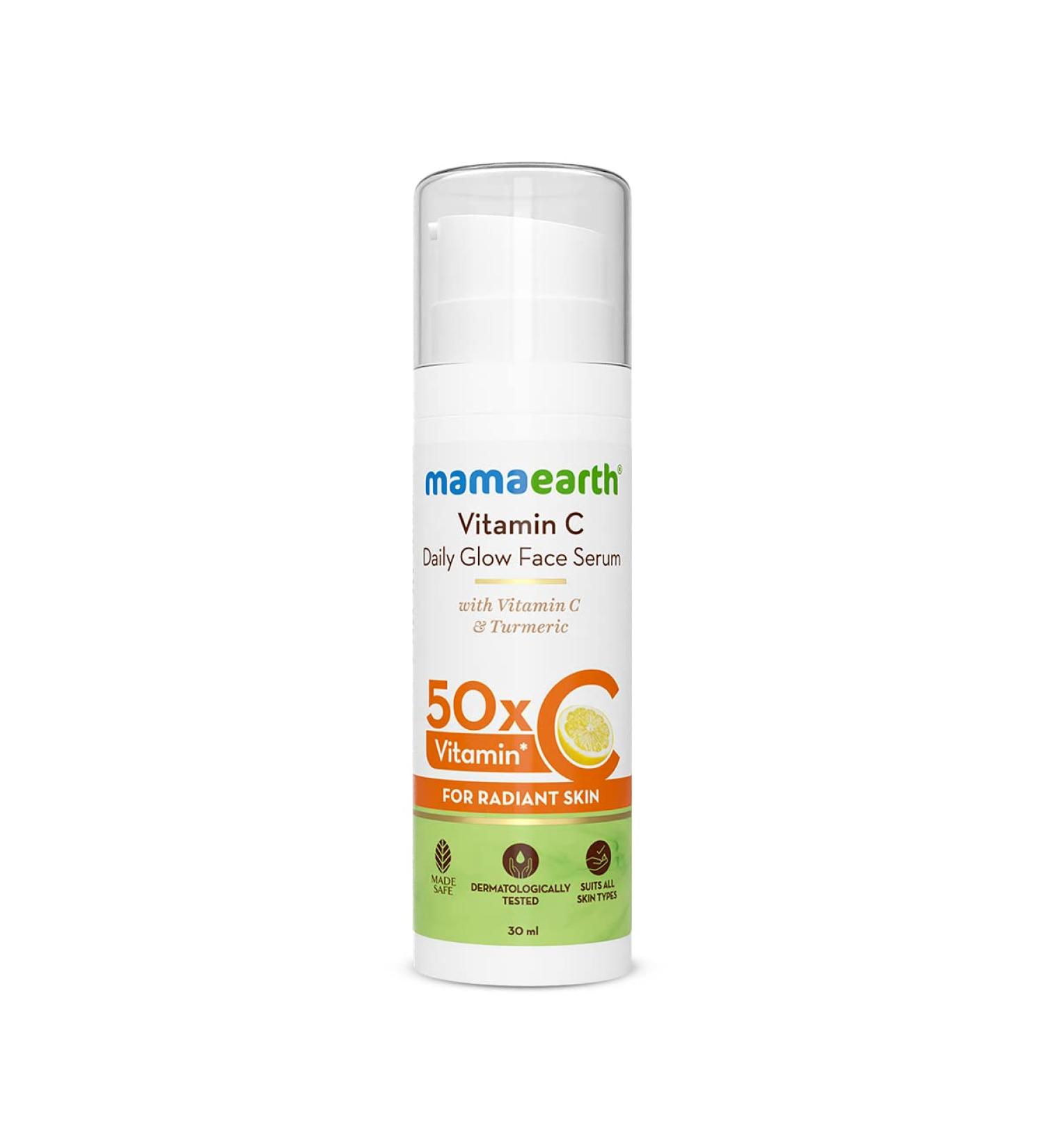 Mamaearth Vitamin C Daily Glow Face Serum - Youthful Radiant Skin with Turmeric | Lightweight Hydration for All Skin Types | 1.01 Fl Oz (30ml - Buy Online on GoSupps.com