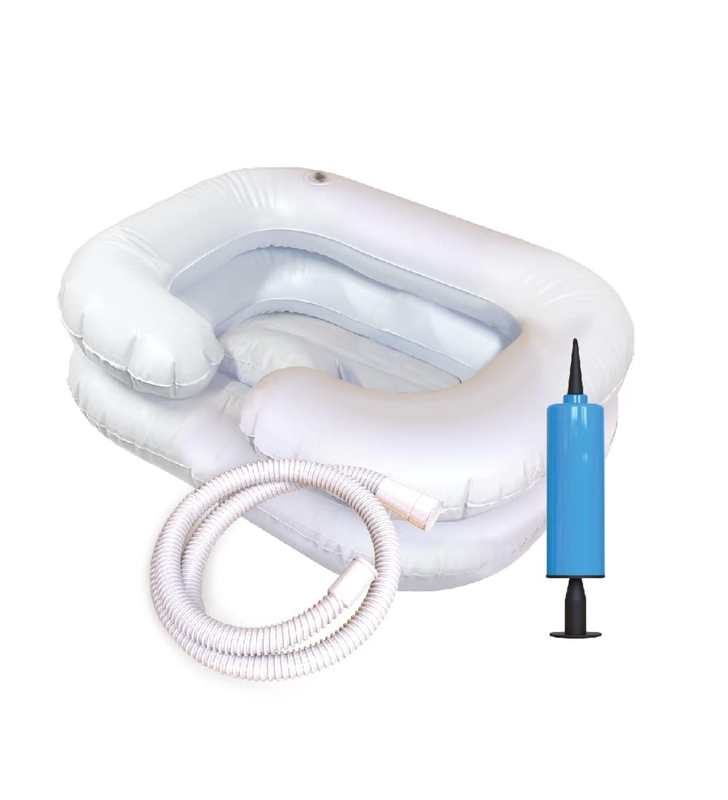Inflatable Crescent-Shaped Shampoo Basin Kit for Elderly & Disabled - With Inflation Pump, Pillow & Washing Hose - Buy Online on GoSupps.com