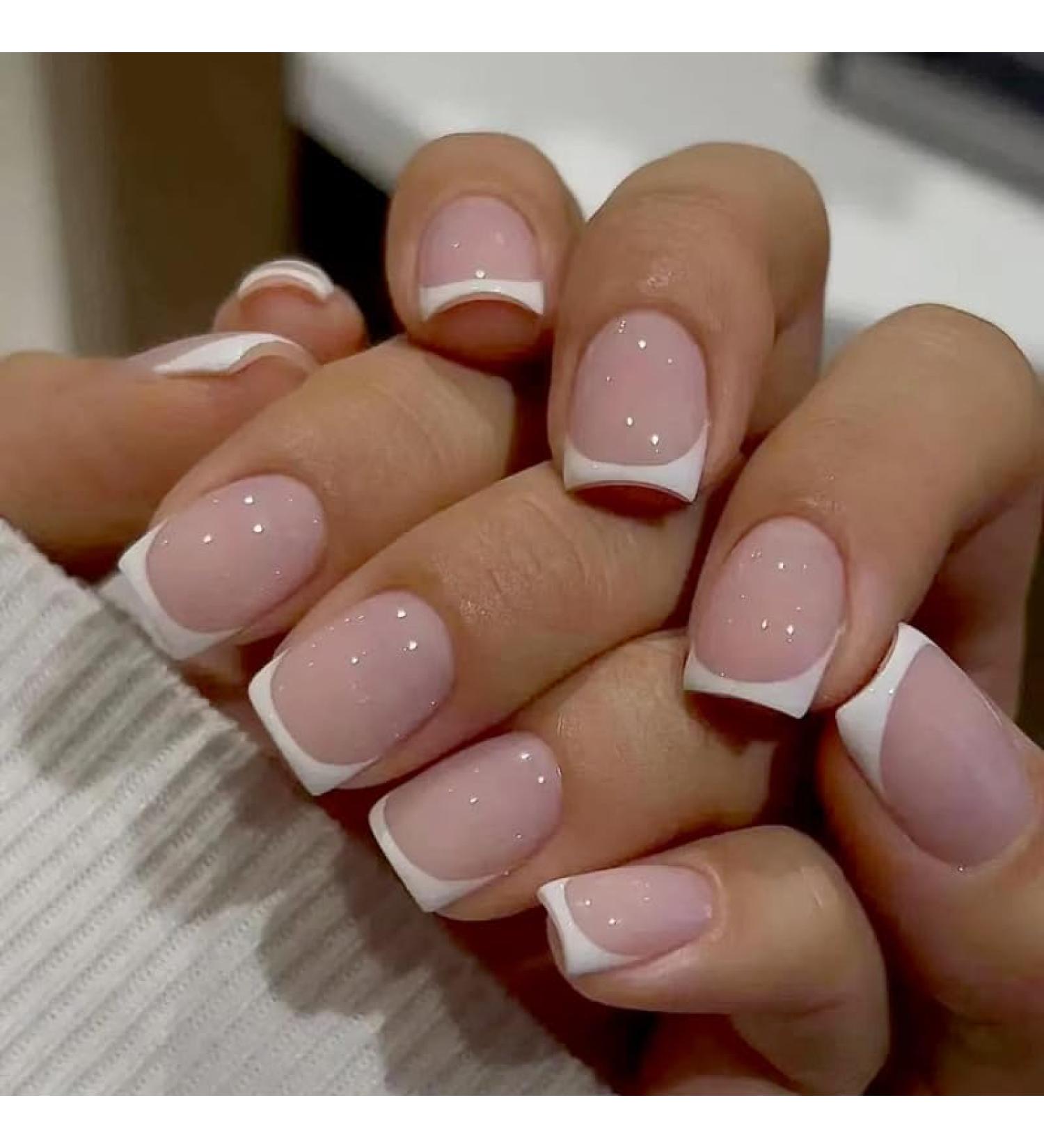 Mouyouglow Press On Nails - Short Square Rosa Nude Sweet Pink White French Nails with Glue - Angular White Tip Artificial Fingernails Q2 | Shop Internationally - Buy Online on GoSupps.com