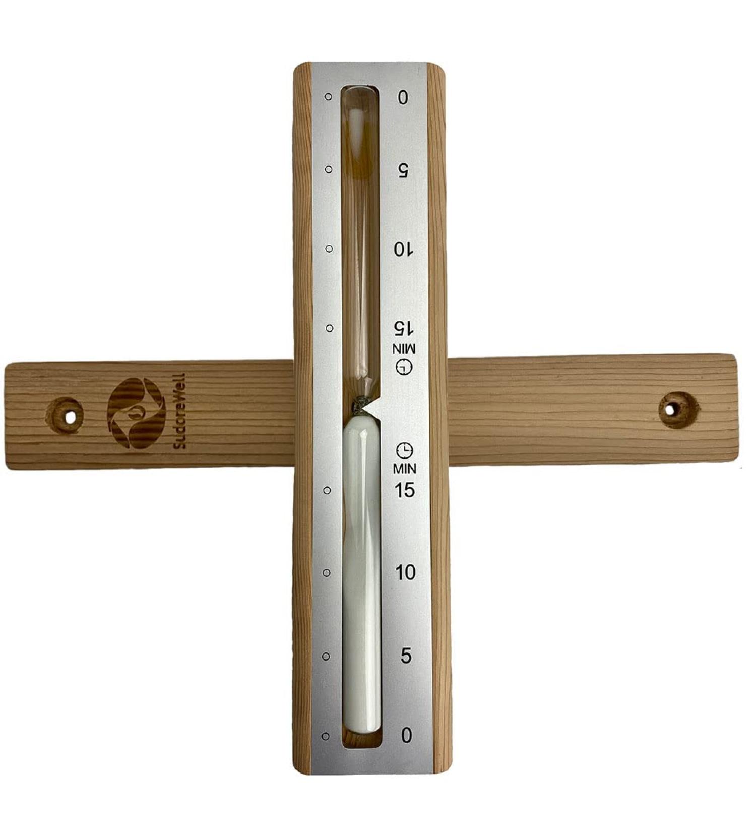 SudoreWell Sauna Hourglass Exclusive Alu Silver 15 minutes made of pinewood with aluminum front design and white sand