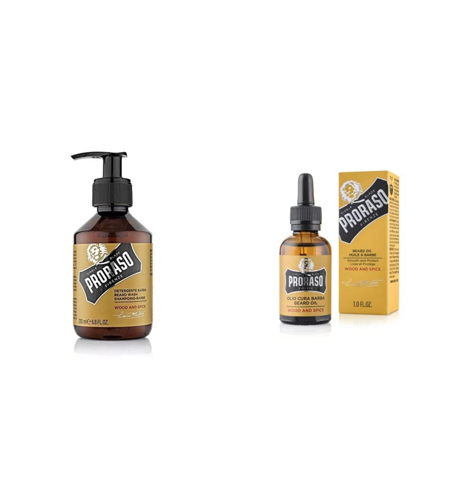 Proraso Shampoing Barbe Soin Visage Homme Nettoyant et Adoucissant Shampoing 200 ml & Huile Barbe Soin Visage Homme Parfum Bois & pice Huile pour Barbe Adoucissante 30 ml - Buy Online on GoSupps.com