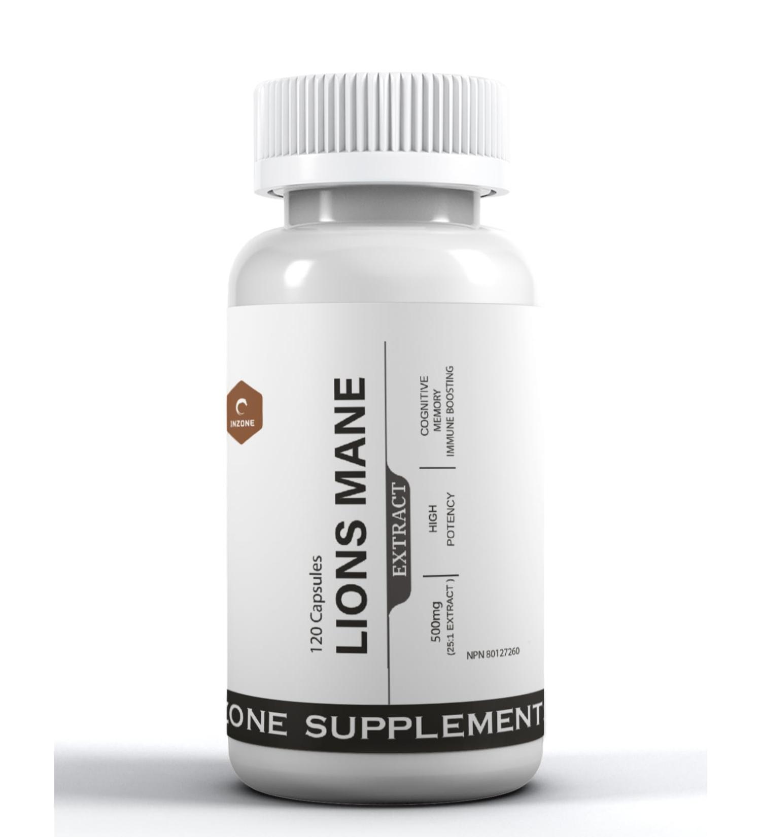 Inzone Supplements Lion's Mane - 120 Capsules | Highest Potency 25:1 Extract | Organic Mushroom Supplement for Cognitive Health Memory Support & Focus Boost - Premium Nootropic Formula - Buy Online on GoSupps.com