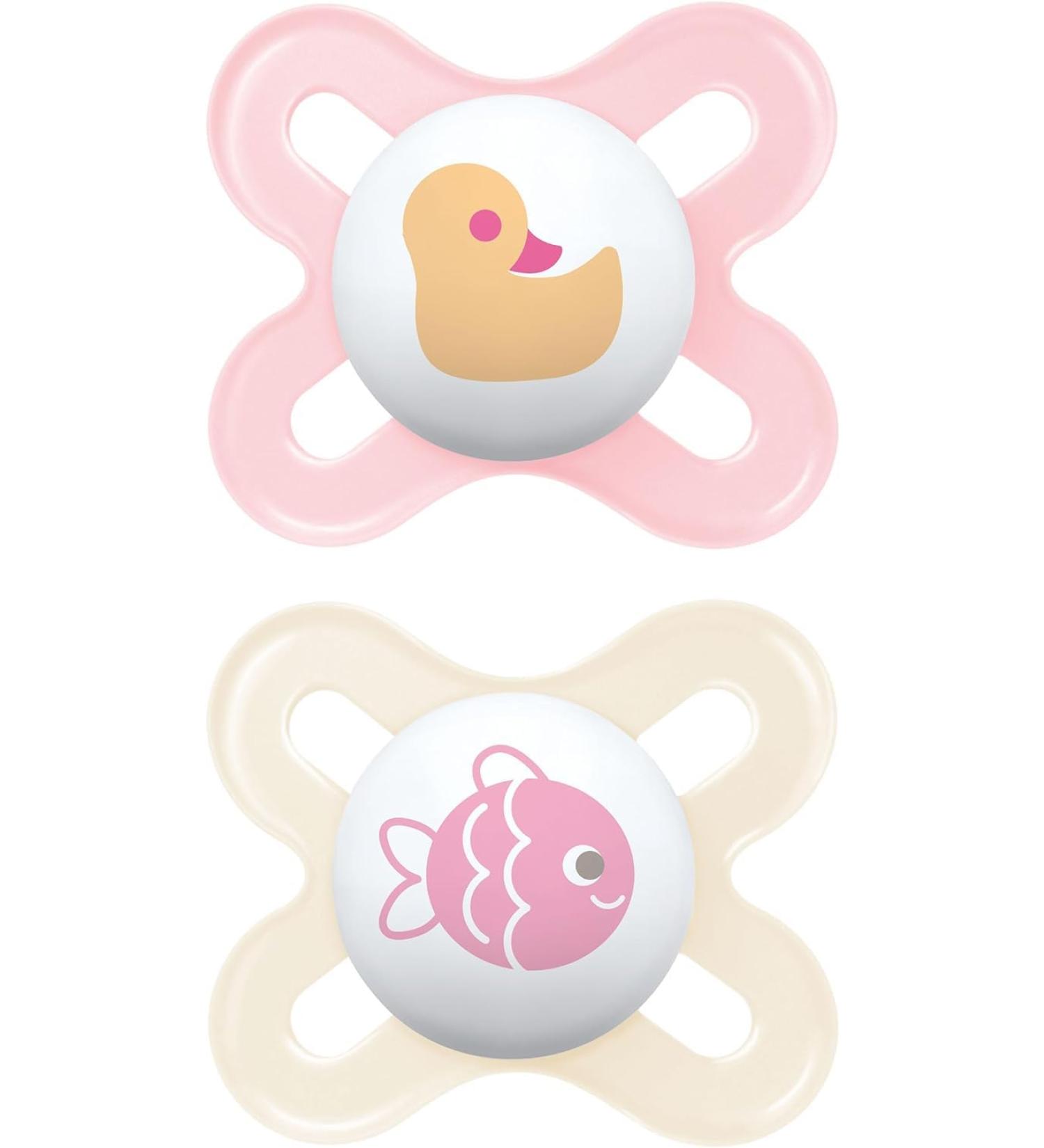 MAM Original Start Soother 0-2 Months (Set of 2) Baby Soother Made from Sustainable Material SkinSoft Silicone Teat with MAM Soother Case Pink (Designs May Vary) Pink 2 - Buy Online on GoSupps.com