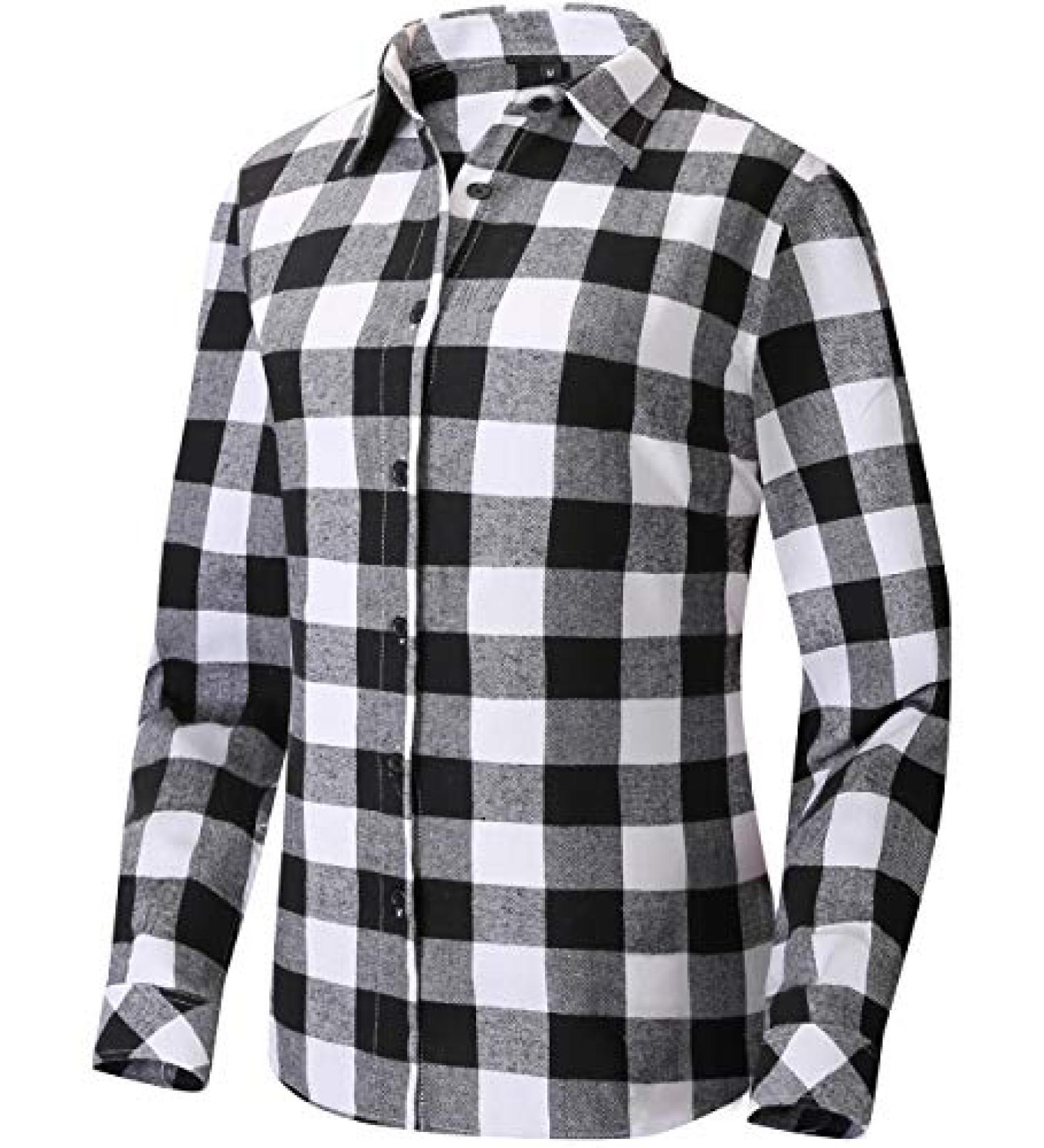 Uillnoodu Women's Flannel Plaid Shirt - Long Sleeve Regular Fit Button Down Casual (White/Black Plaid, Large) - Buy Online on GoSupps.com