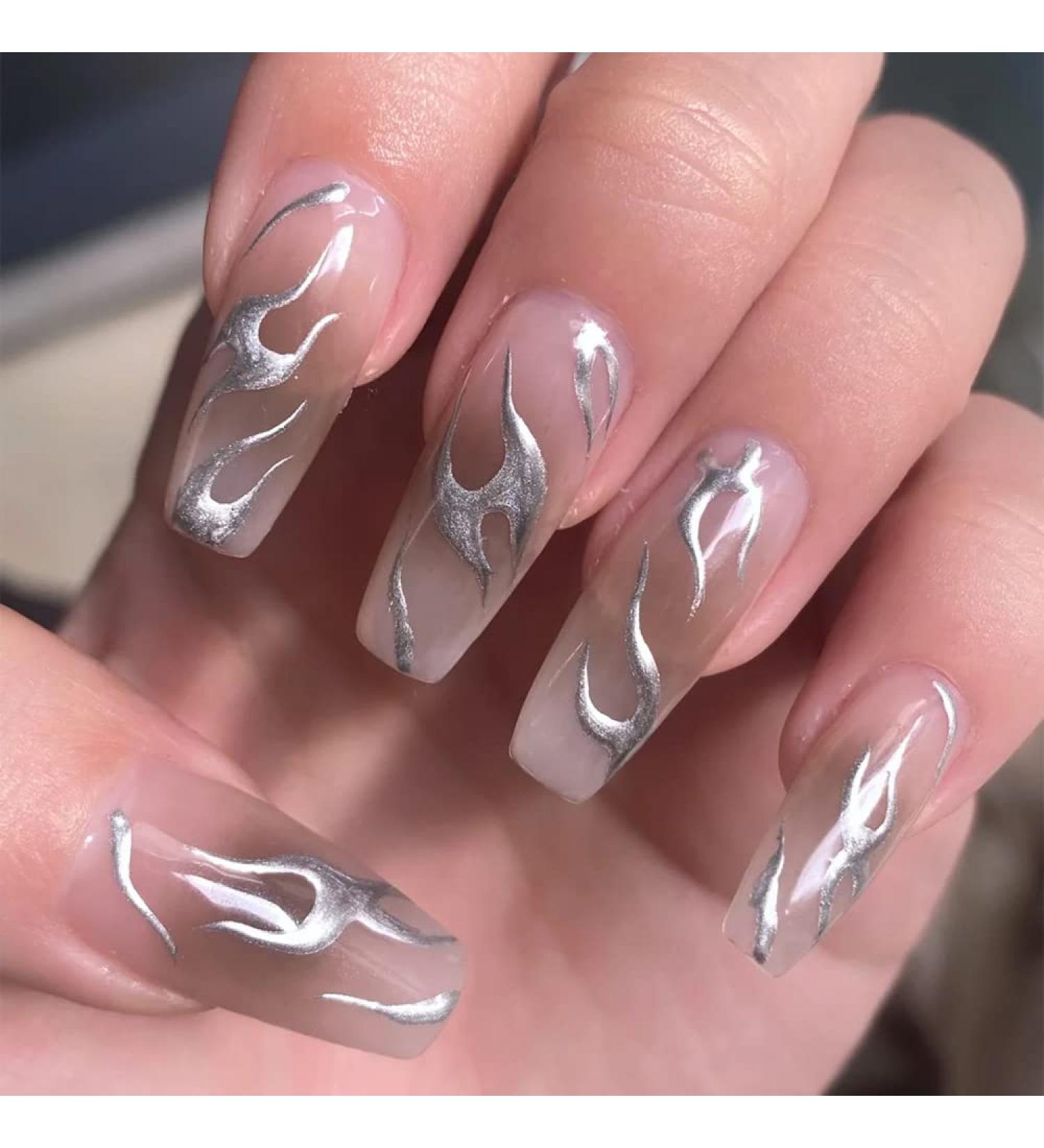 Press on Nails Long trapezoidal shape Fake Nails Silver Flame Pink False Nails Gloss Reusable Press on Nails Designs Acrylic Nails Press on Artificial Nails Stick on Nails For Women Girls 24Pcs - Buy Online on GoSupps.com