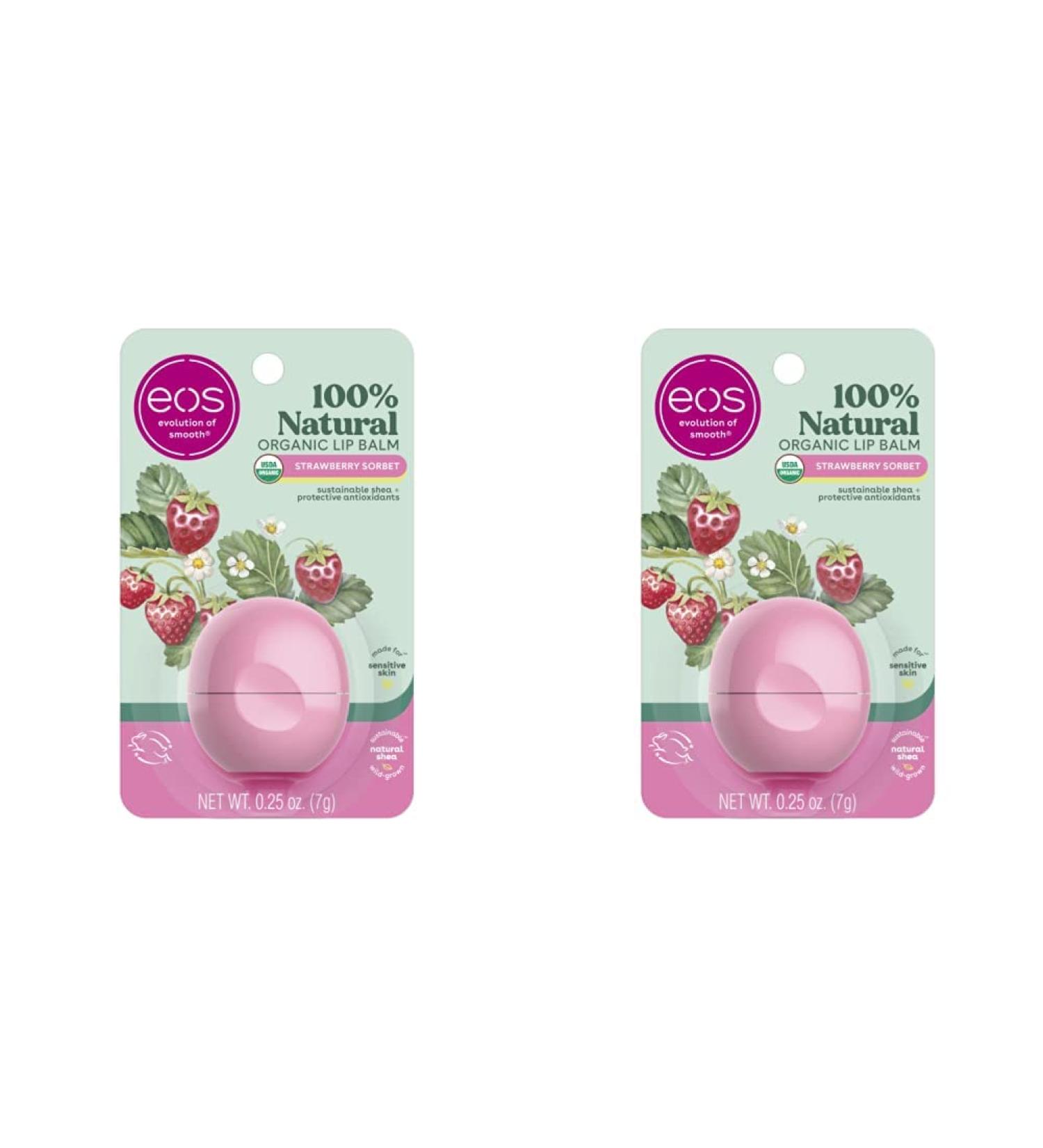EOS 100% Natural & Organic Lip Balm- Strawberry Sorbet 0.25 oz (Pack of 2) | Dermatologist Recommended, All-Day Moisture, Sensitive Skin Care - Buy Online on GoSupps.com